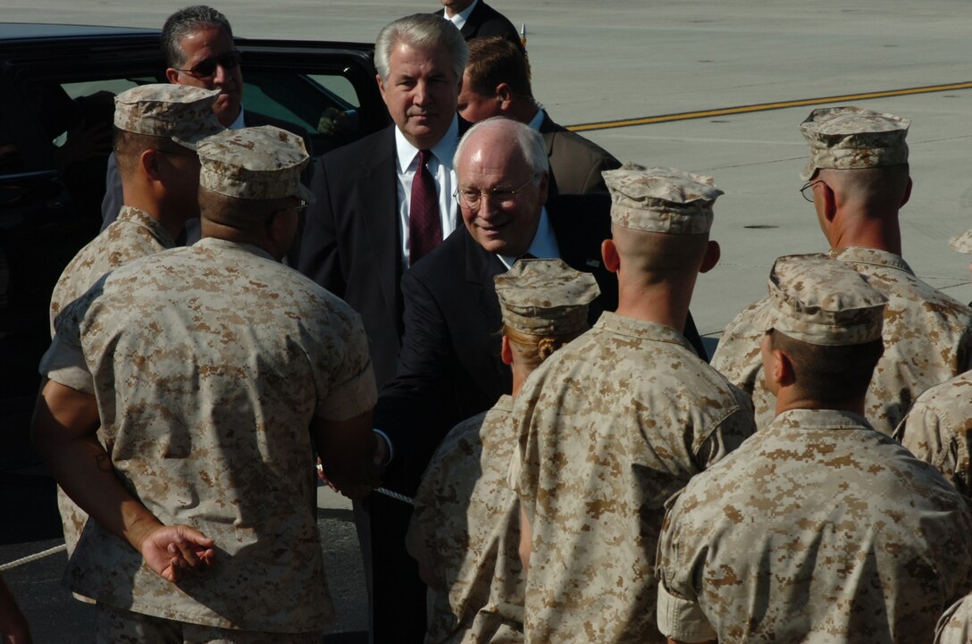 Vice President Dick Cheney greets MCAS New River Marines during his visit to the Air Station.  Many Marines in the crowd recently returned from supporting Joint Task Force Katrina.  Cheney landed at New River before heading to MCB Camp Lejeune to address Marines there later today.