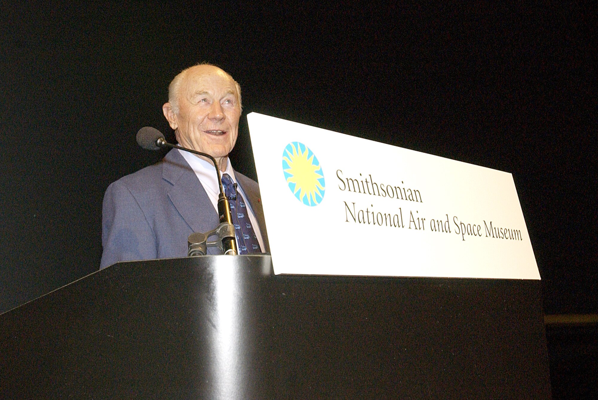 WASHINGTON -- Retired Brig. Gen. Charles E. "Chuck" Yeager speaks at the Smithsonian National Air and Space Museum here.  For 25 of the past 26 years, he has held the lecture -- this year on Oct. 4 -- at the museum, discussing his life as an aviation pioneer.  (U.S. Air Force photo by Senior Airman J.G. Buzanowski)