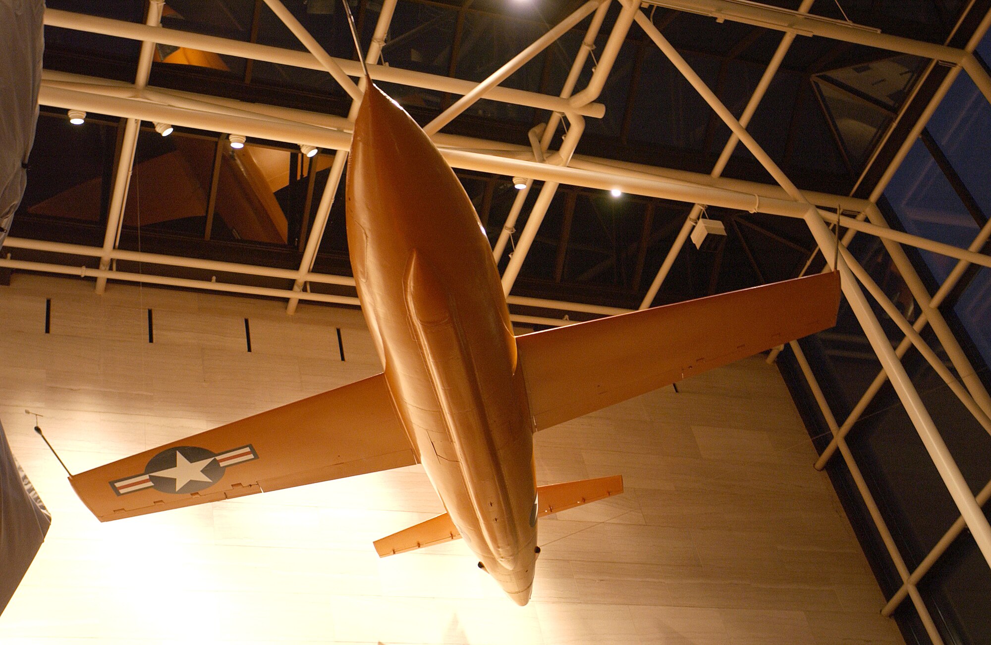 WASHINGTON -- The plane retired Brig. Gen. Charles E. "Chuck" Yeager flew when he broke the sound barrier, the Bell X-1, hangs in the National Air and Space Museum.  General Yeager reached the aviation milestone Oct. 14, 1947.  (U.S. Air Force photo by Senior Airman J.G. Buzanowski)