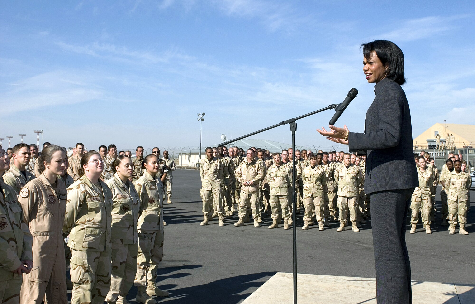 MANAS AIR BASE, Kyrgyzstan -- Secretary of State Condoleezza Rice speaks to Airmen here Oct. 11. Secretary Rice visited with the base briefly on her stop in Kyrgyzstan, the first in a series of countries she was planning to visit in Central Asia. (U.S. Air Force photo by Robin Hicks)