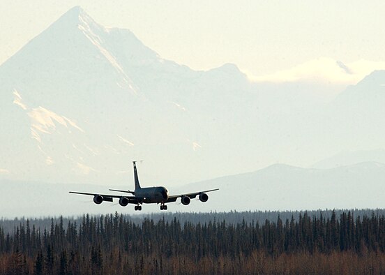 EIELSON AIR FORCE BASE, Alaska -- A KC-135 Stratotanker from Kadena Air Base, Japan, lands here Oct. 7 after an area familiarization flight in preparation for exercise Cope Thunder 06-1.  The two-week Alaskan exercise is the largest air combat training exercise, involving more than 1,000 active-duty and Air National Guard Airmen and 87 aircraft. (U.S. Air Force photo by Staff Sgt. Joshua Strang)