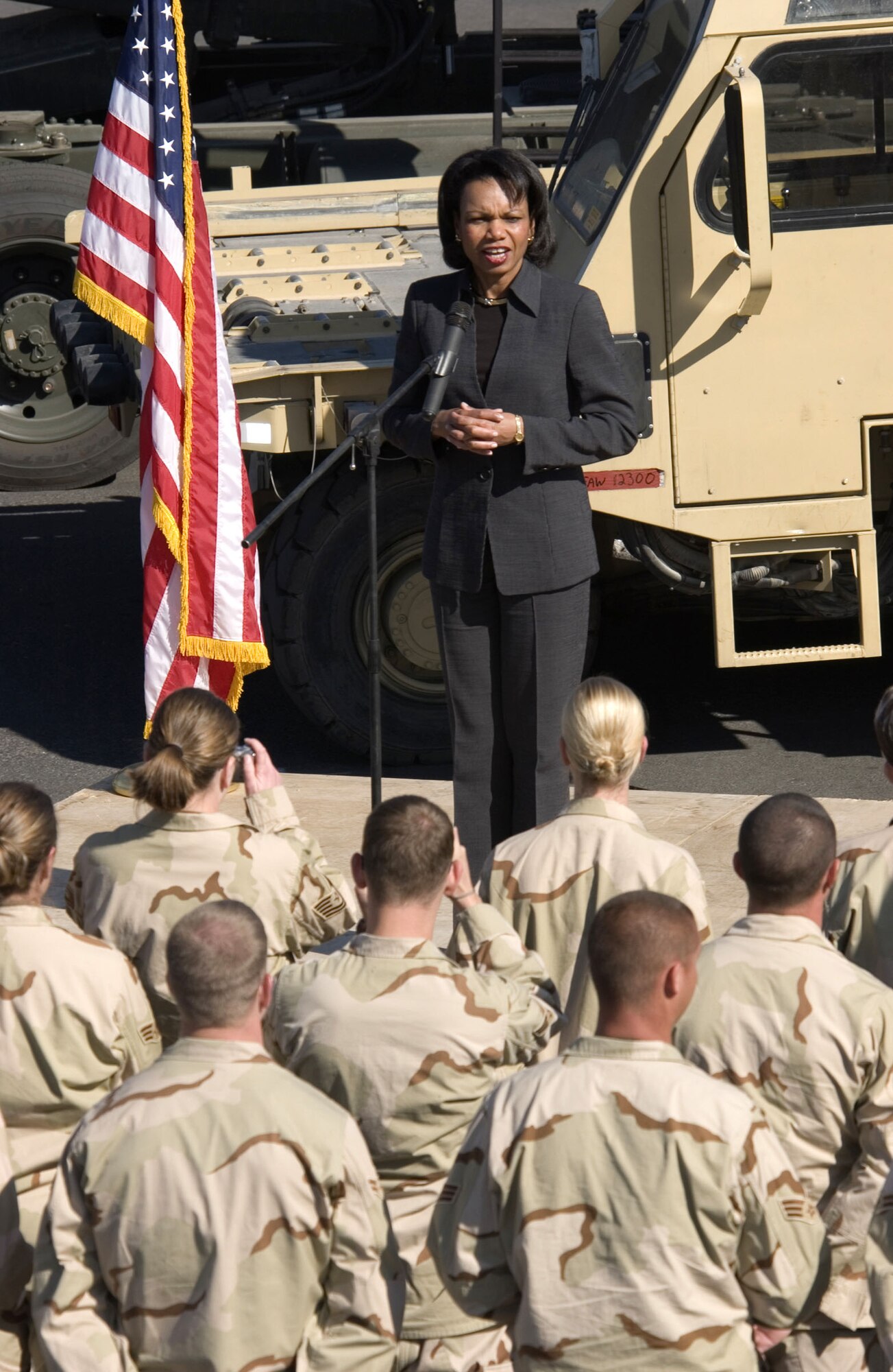 MANAS AIR BASE, Kyrgyzstan -- Secretary of State Condoleezza Rice speaks to Airmen here Oct. 11. Secretary Rice visited with the base briefly on her stop in Kyrgyzstan, the first in a series of countries she was planning to visit in Central Asia. (U.S. Air Force photo by Robin Hicks)