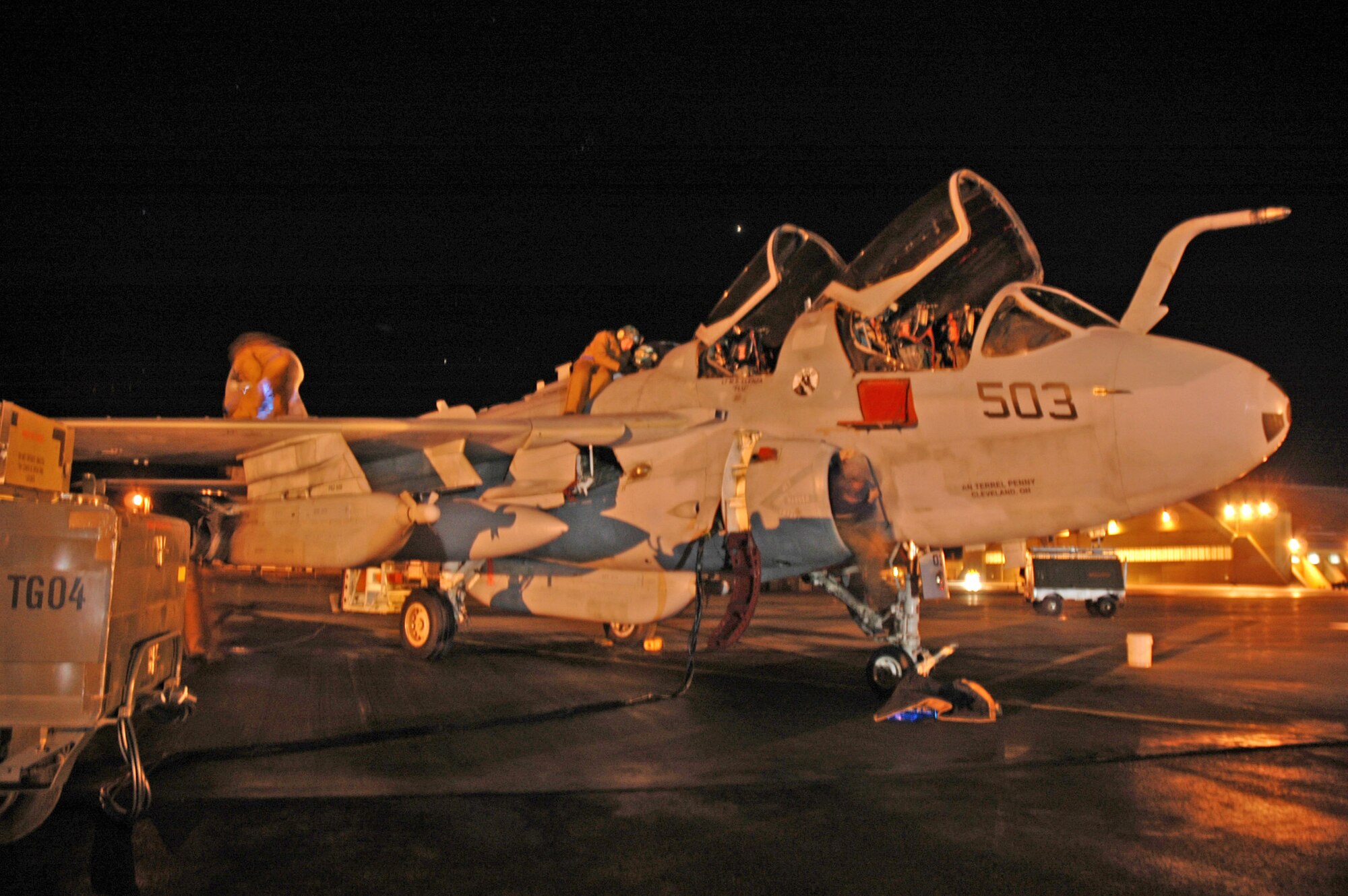 EIELSON AIR FORCE BASE, Alaska -- Sailors from Naval Station Whidbey Island, Wash., do a post flight maintenance inspection on an A-6 Intruder aircraft of Electronic Attack Squadron 133. Sailors are taking part -- along with 1,000 active duty and Air National Guard Airmen and 87 aircraft -- part in exercise Cope Thunder 06-1, which ends Oct. 21. Pacific Air Forces hosts the two-week air combat training exercise. (U.S. Air Force photo by Airman 1st Class Justin Weaver)
