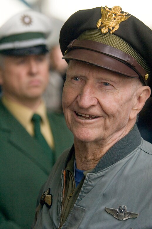 RHEIN-MAIN AIR BASE, Germany -- Retired Lt. Col. Gail Halvorsen, the famed "Candy Bomber" of the Berlin Airlift fields questions from reporters here. The colonel -- who has had a 57-year relationship with the airlift base -- attended the base's closing ceremony Oct. 10. The Air Force will turn the base over to the Frankfurt Airport Authority in December, 60 years after operations started here.  (U.S. Air Force photo by Master Sgt. John E. Lasky)