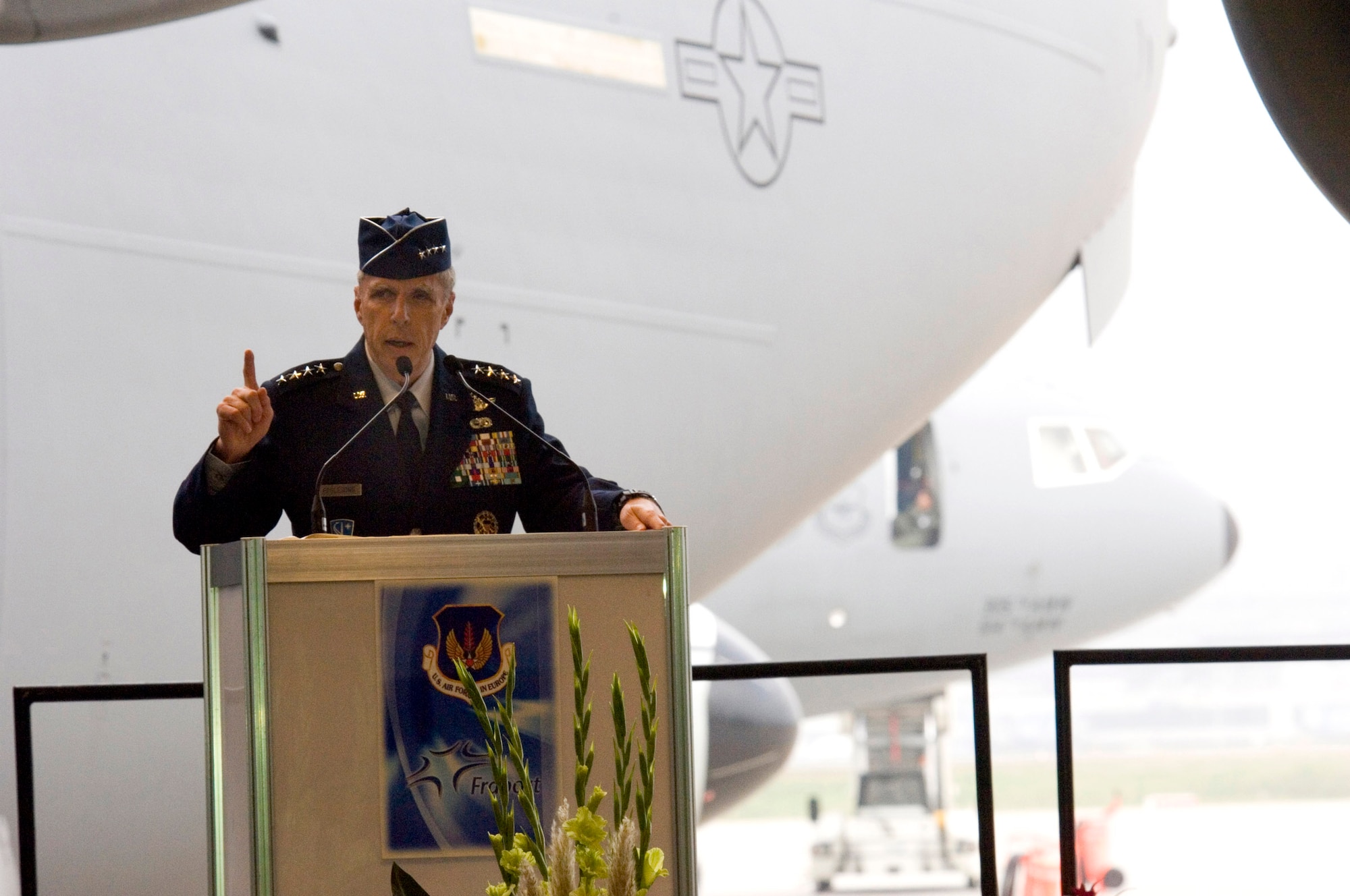 RHEIN-MAIN AIR BASE, Germany -- Gen. Robert H. "Doc" Foglesong, U.S. Air Forces in Europe commander, speaks at the ceremonial closing of this longtime airlift base Oct. 10. For 60 years the base in Frankfurt was the Air Force's "Gateway to Europe." The Air Force will turn the base over to the Frankfurt Airport Authority in December. (U.S. Air Force photo by Master Sgt. John E. Lasky)