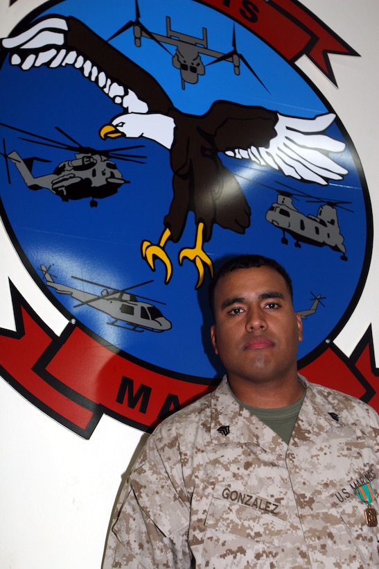 Sergeant Abraham Gonzalez, the career retention specialist for Marine Aviation Logistics Squadron 26 (Reinforced), received a Navy and Marine Corps Achievement Medal, Oct. 15, for reenlisting 42 first term Marines, surpassing 100 percent of his mission, two weeks into the fiscal year. The 25-year-old Bronx, N.Y., native oversees career retention for the deployed Patriots of MALS-26.