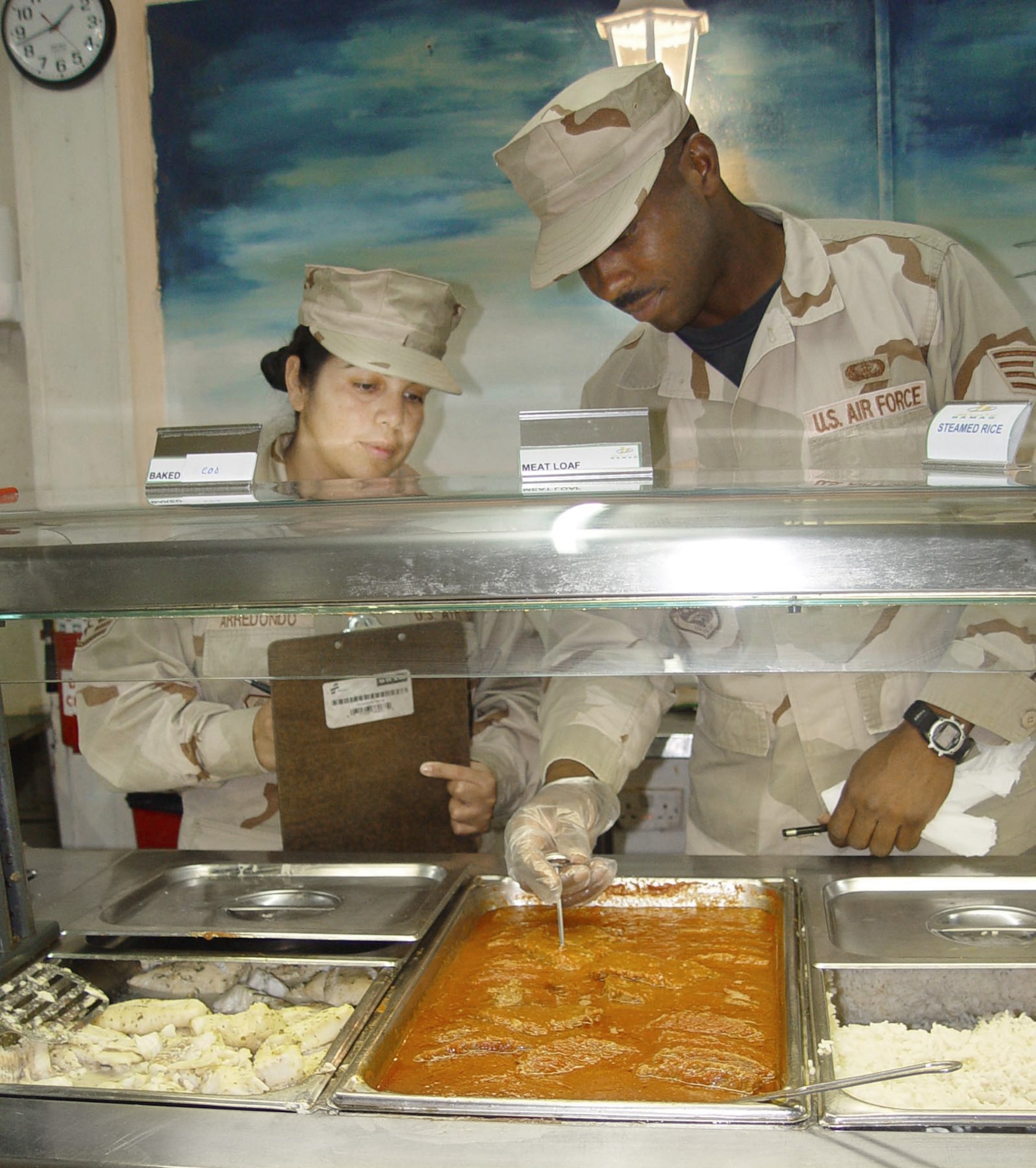 SOUTHWEST ASIA -- Staff Sgts. Wardell Herron and Gricelda Arredondo check food temperature levels here. Sergeants Herron and Arredondo work every day to ensure the quality and safety of served food. The Airmen are assigned to the 380 th Expeditionary Services Squadron. (U.S. Air Force photo by Tech. Sgt. Mike Hammond)