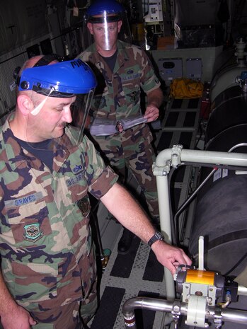 050913-F-3849M-001    Tech. Sgt. Jim Graves (left) and Staff Sgt. Tom Kocis, aerial spray maintenance technicians with the 910th Aircraft Maintenance Squadron, check recirculation valves during a pre-flight inspection of the Modular Aerial Spray System Sept. 13. (U.S. Air Force photo by Tech. Sgt. Shawn David McCowan)