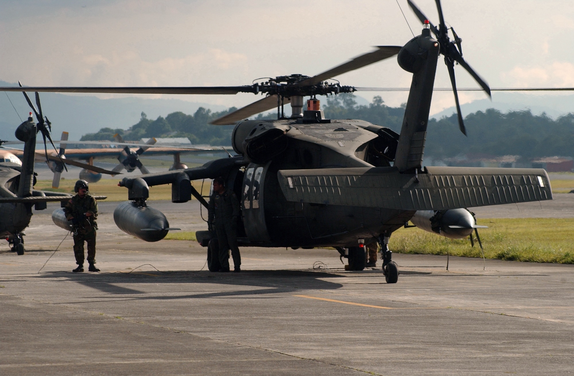 GUATEMALA CITY, Guatemala -- A UH-60 Black Hawk helicopter prepares for takeoff to fly relief supplies to remote mountain villages devastated by Hurricane Stan. Members of Joint Task Force-Bravo arrived here Oct. 7 to assist with recovery efforts. (U.S. Air Force photo by Tech. Sgt. Mike Edwards)                             