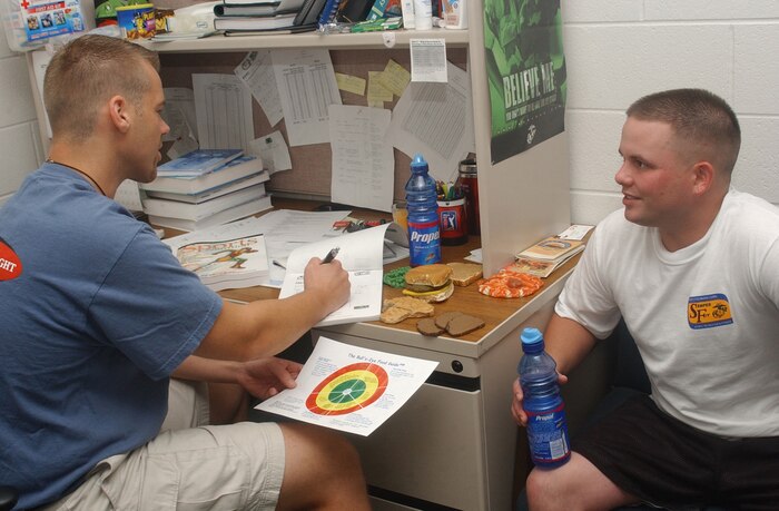 MARINE CORPS BASE CAMP LEJEUNE, N.C. - Christopher Halagarda, the Fueled to Fight dietician, meets with Lance Cpl. Nicholas M. Morelli, a field artillery cannoneer with 1st Battalion, 10th Marine Regiment, 2d Marine Division, to discuss his personalized nutrition and exercise program.  The purpose of the Fueled to Fight program is to enhance the physical performance and state of readiness of Marines and Sailors. Photo by:  Lance Cpl. Adam Johnston