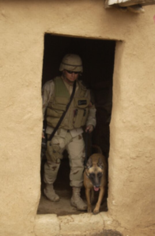 Air Force Staff Sgt. Jonathan Geren and his military working dog search an Iraqi home in Mosul, Iraq, on Oct. 19, 2005. Geren is a military working dog handler from the 10th Security Forces Squadron, Colorado Springs, Colo. 