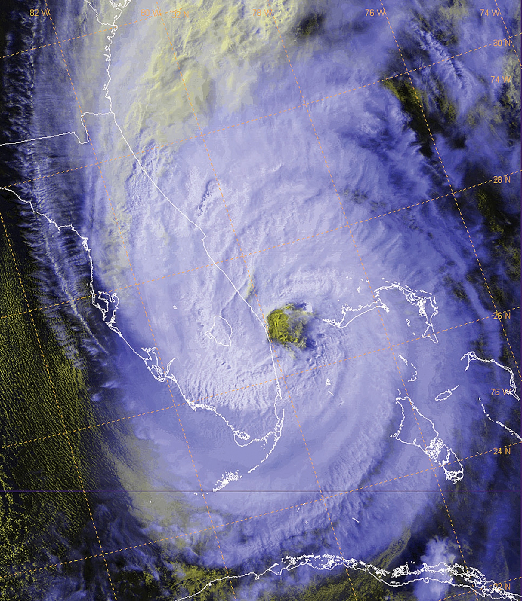 OFFUTT AIR FORCE BASE, Neb. -- This satellite photo, provided by the Air Force Weather Agency here, shows the status of Hurricane Wilma as of 8:25 a.m. EST, today. The image captures the Category 2 storm off the coast of Florida. The center of the storm's eye about 75 miles northeast from Miami.  A Defense Meteorological Satellite Program satellite took the image, and is actually a composite of two satellite images. (U.S. Air Force photo)