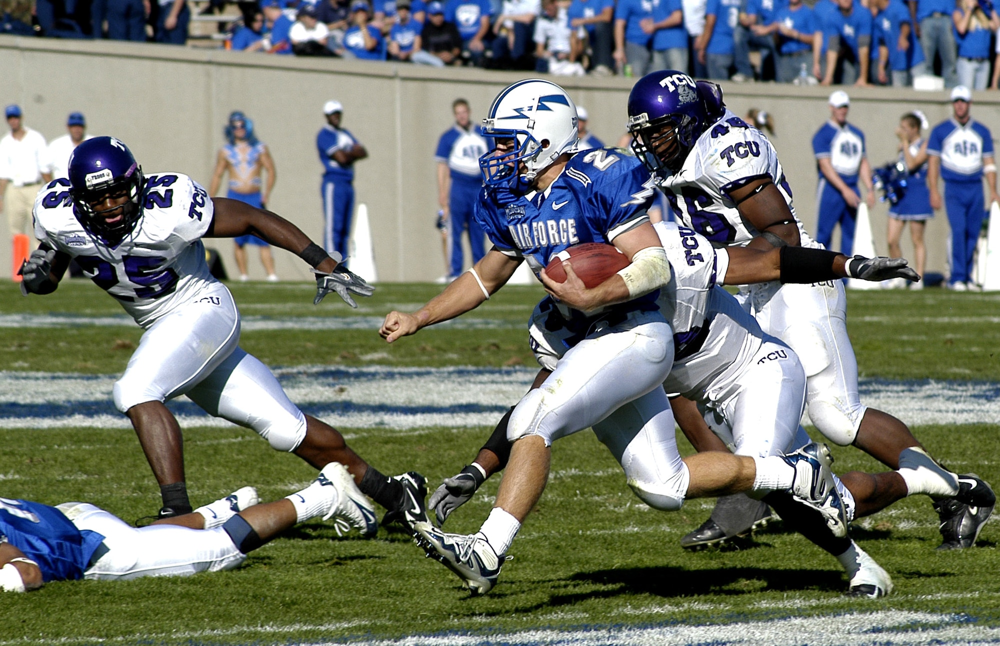 U.S. AIR FORCE ACADEMY, Colo. -- Sophomore halfback Chad Hall tries to swing wide to break out around the end. Hall carried five times for 21 yards as the Falcons lost to number 21 ranked Texas Christian University, 48-10, (U.S. Air Force photo by John Van Winkle)