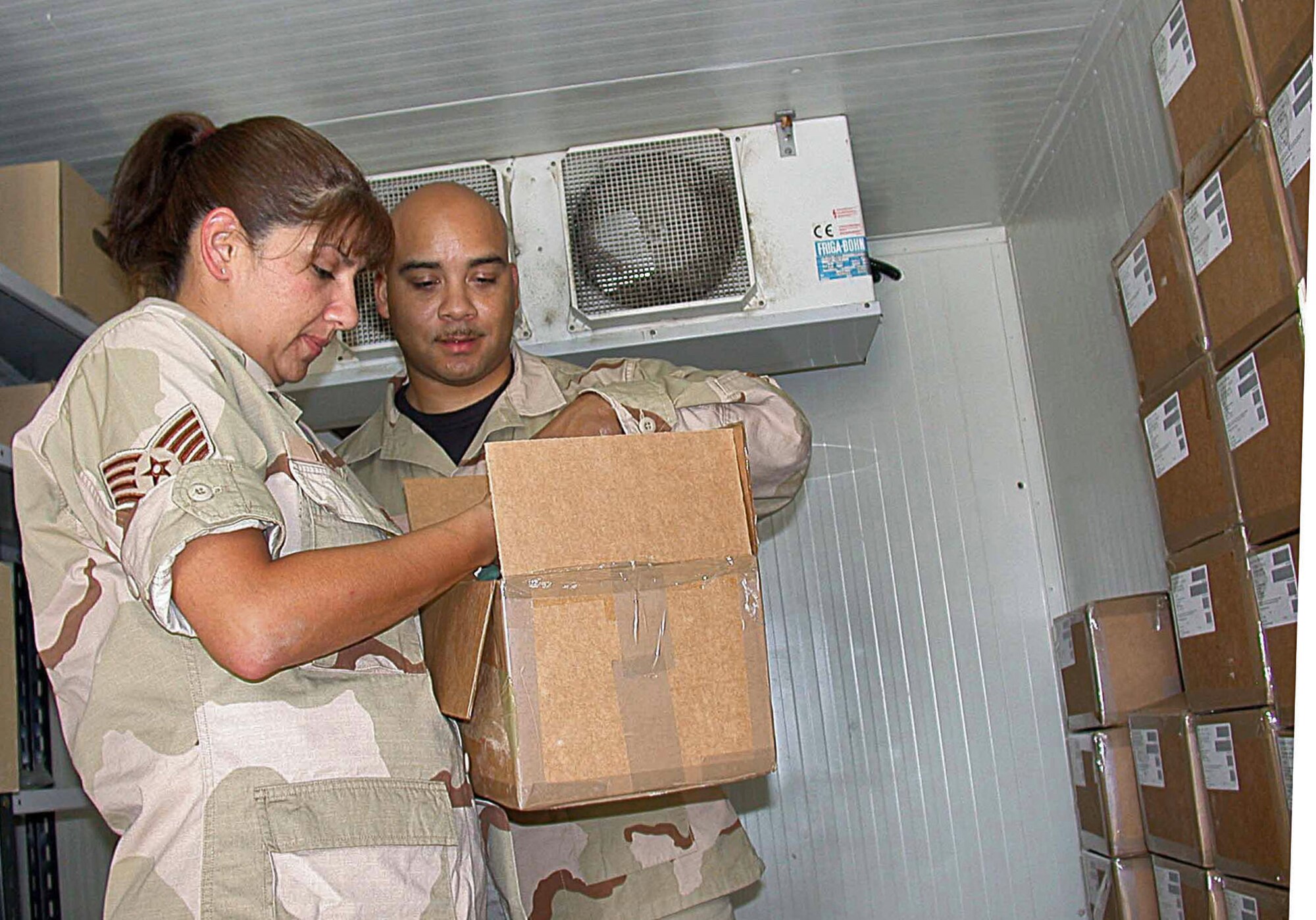 SOUTHWEST ASIA (AFPN) -- Staff Sgt. Tamara Thiecke (left) and Tech. Sgt. Rhan Williams, 379th Expeditionary Medical Squadron medical logistics technicians, check the serviceability of a medical item. The 379th EMEDS medical logistics flight maintains more than $200,000 worth of medical supplies and $2.3 million worth of medical equipment. (U.S. Air Force photo by Staff Sgt. Alicia Prakash)

