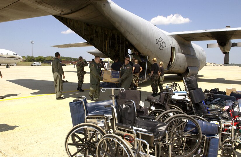 ANDREWS AIR FORCE BASE, Md. - Wheelchairs were among the cargo moved by Airmen with the 908th Airlift Wing at Maxwell Air Force Base, Ala., the 375th Aeromedical Evacuation Squadron at Scott AFB, Ill., and the 89th Medical Group who helped transport veterans from the Armed Forces Home in Gulfport, Miss., after Hurricane Katrina decimated the area. The veterans were flown by a C-130 Hercules from Maxwell to here and then taken to the Armed Forces Home in Washington, D.C. (U.S. Air Force photo by Staff Sgt. Christopher J. Matthews)