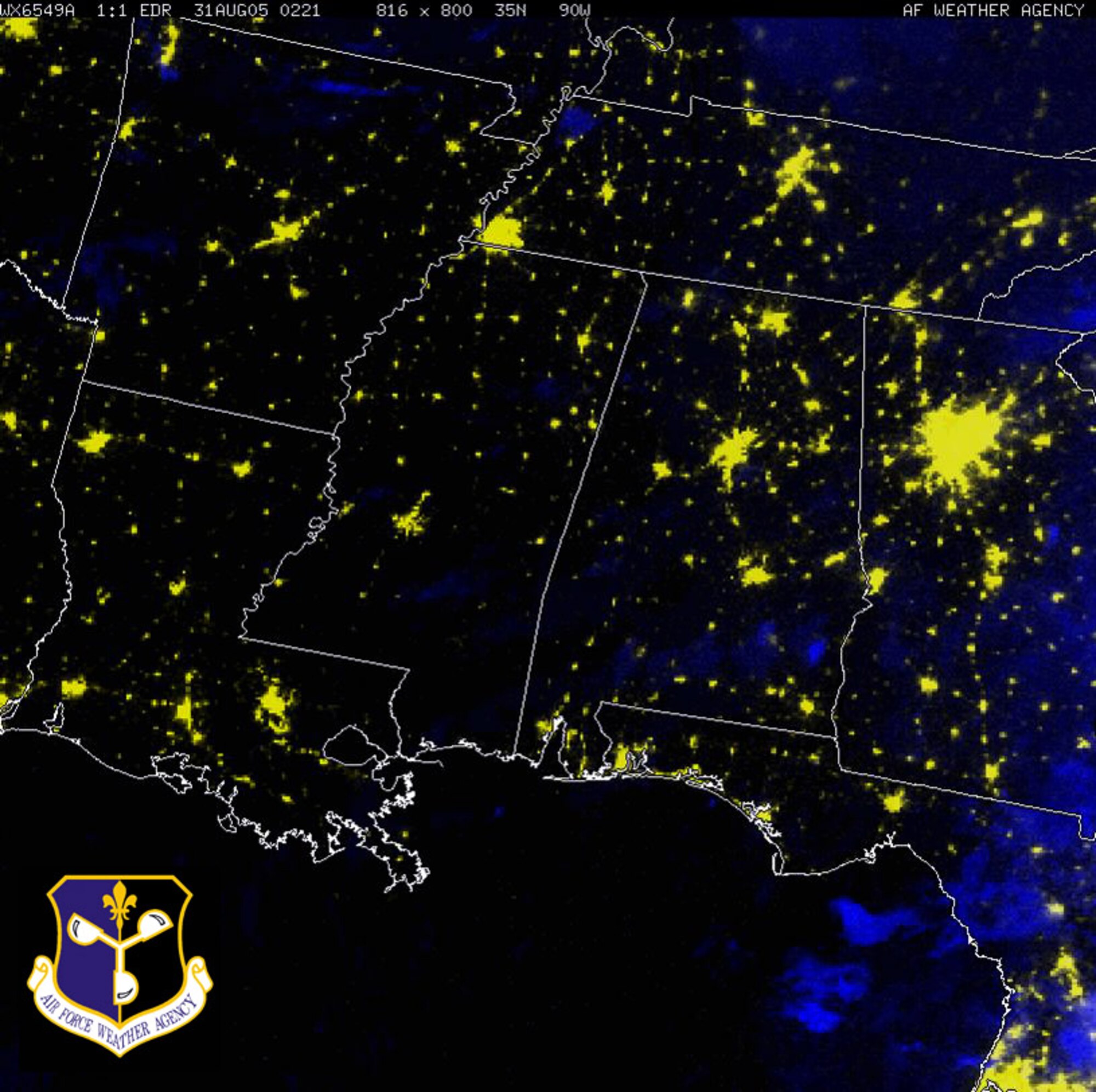 SATELLITE IMAGE -- This image was taken Aug. 30 and shows the widespread power outages across the Gulf Coast after Hurricane Katrina ravaged the area.  (U.S. Air Force image)