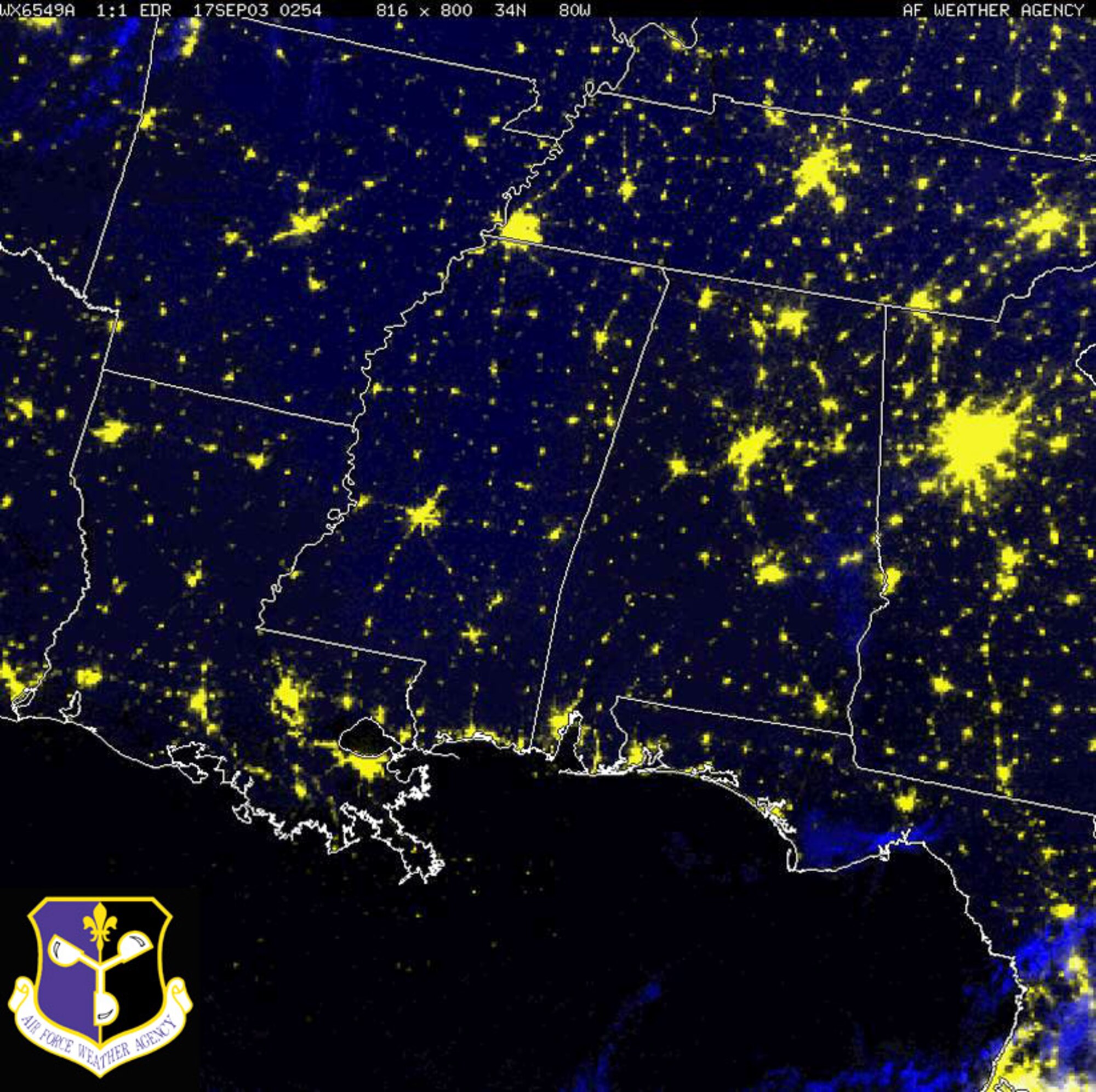 SATELLITE IMAGE - This file image was taken Sept. 17, 2003, and shows the city lights in the Gulf Coast clearly visible.  (U.S. Air Force image)