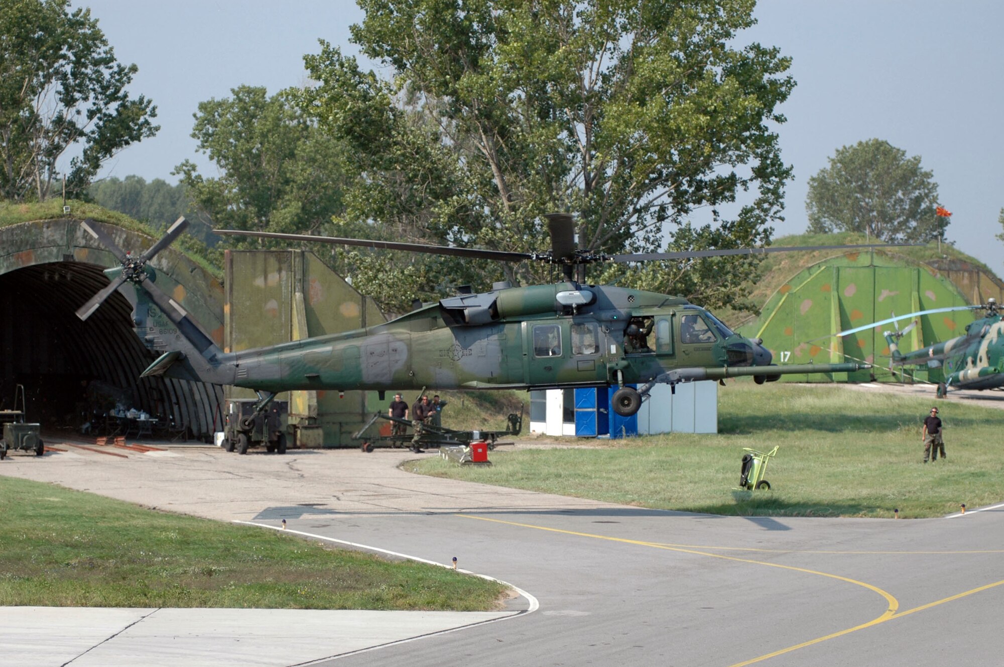 PLOVDIV, Bulgaria -- An HH-60G Pave Hawk returns from flying a mission during exercise Cooperation Key 05. About 50 56th Rescue Squadron Airmen from Naval Air Station Keflavik, Iceland, are here for the multinational exercise designed to enhance the interoperability of NATO and partner nation air forces through cooperation and familiarization of the organization's procedures. (U.S. Air Force photo by Tech. Sgt. Chance Babin)
