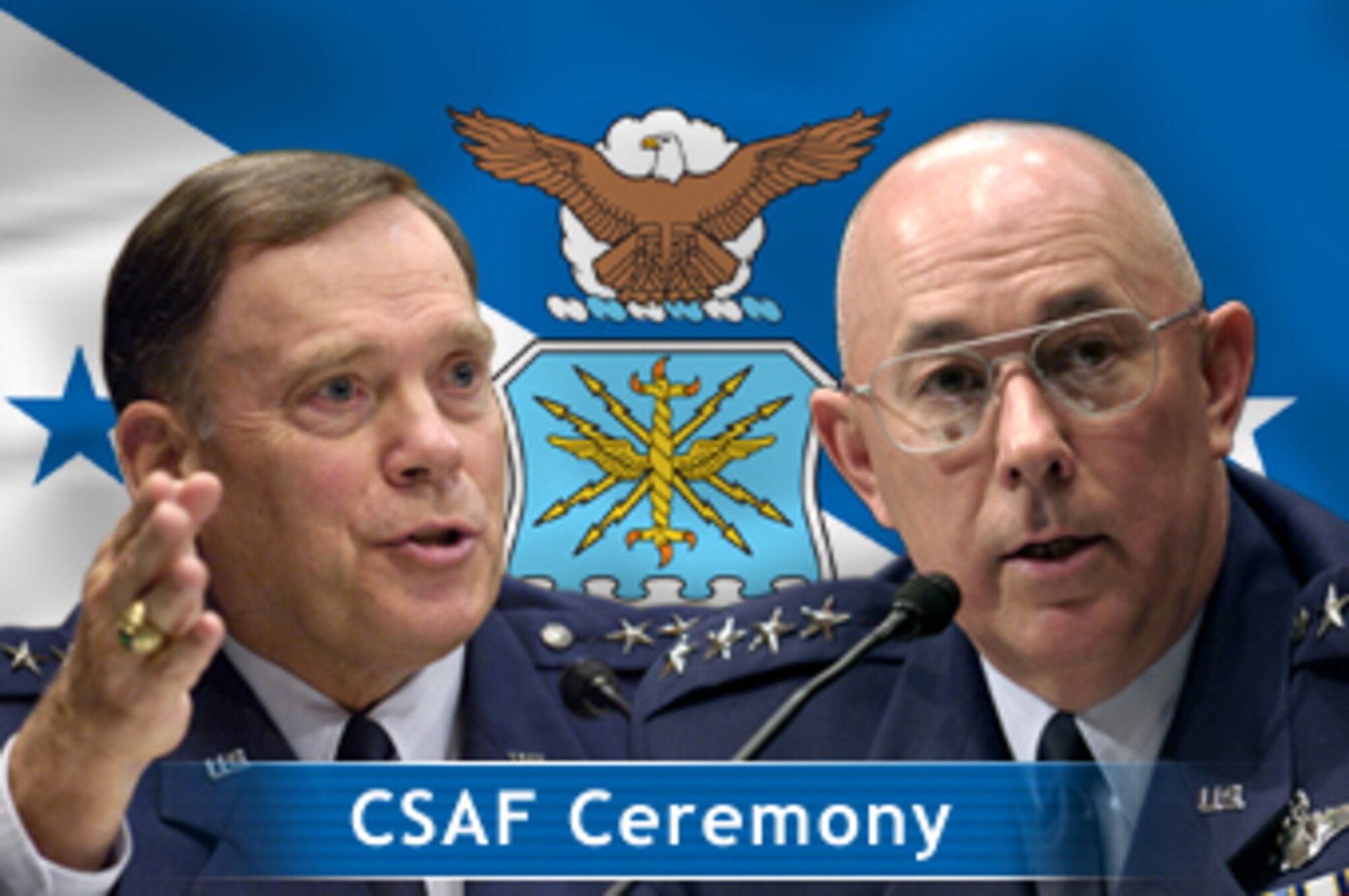 GRAPHIC -- The retirement of Air Force Chief of Staff Gen. John P. Jumper (left) and the swearing in of Gen. T. Michael Moseley as the new chief of staff can be seen live Sept. 2 on the Pentagon Channel and on Air Force Link. (U.S. Air Force graphic)