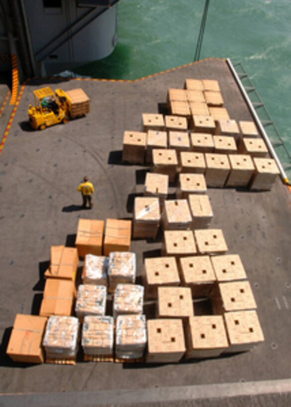 Forklift operators move pallets of bottled water and Meals, Ready-To-Eat onto an aircraft elevator aboard the aircraft carrier USS Harry S. Truman (CVN 75) on Sept. 6, 2005. The relief supplies will be moved to helicopters on the flight deck for airlift to those in need in the areas along the Gulf Coast affected by Hurricane Katrina. Department of Defense units are mobilized as part of Joint Task Force Katrina to support the Federal Emergency Management Agency's disaster relief efforts in the Gulf Coast areas devastated by Hurricane Katrina. 