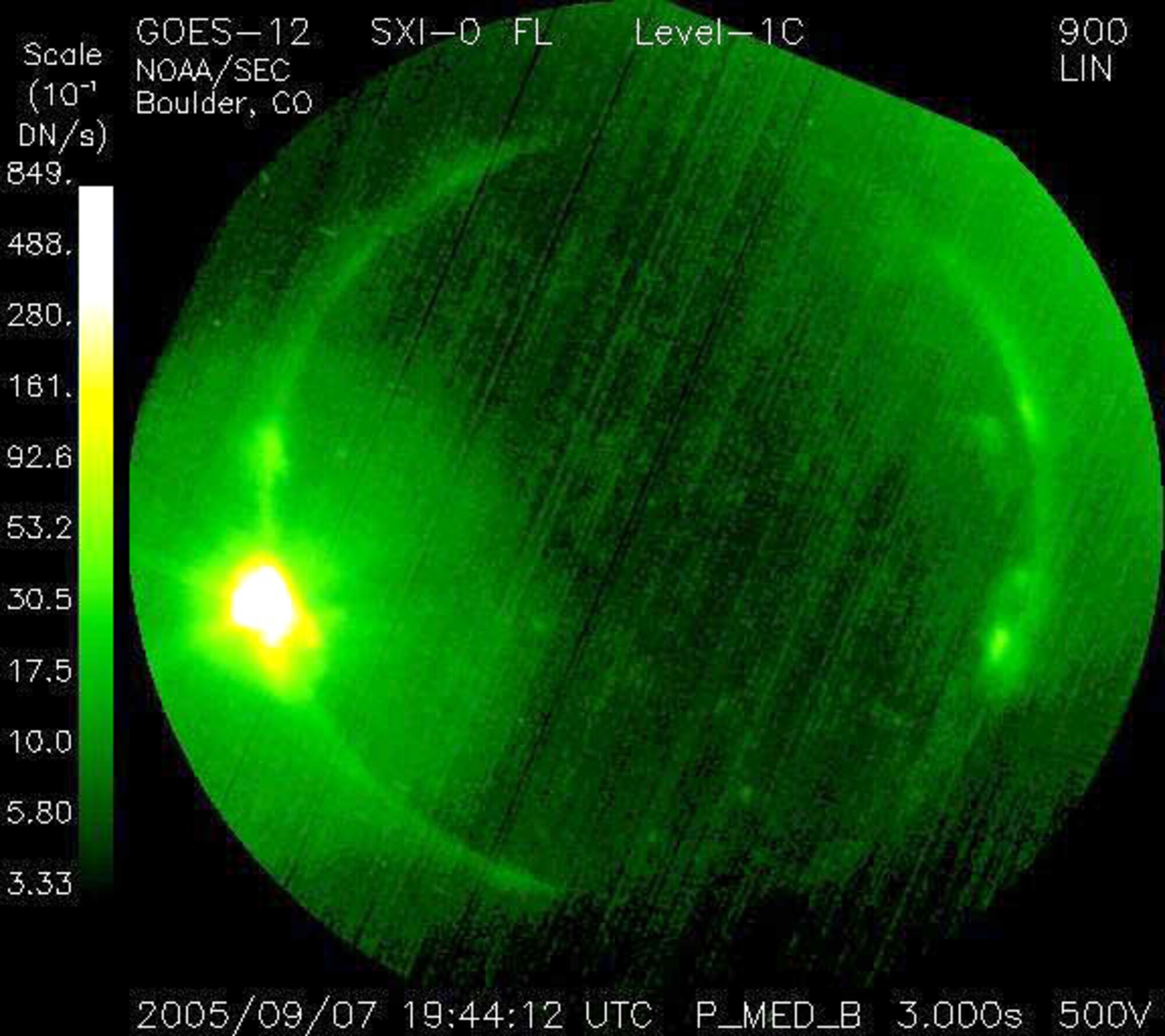 SATELLITE IMAGE -- Effects from this extreme solar flare recorded Sept 7 could include high-frequency communication disruption and difficulty in satellite communications for the flare's duration.  (U.S. Air Force image)