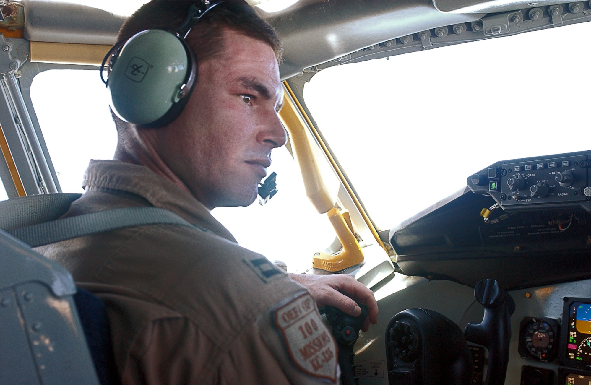 SOUTHWEST ASIA -- Capt. Scott Meyer waits for permission to take off from a forward-deployed location.  He is a KC-135 Stratotanker pilot assigned to the 908th Expeditionary Air Refueling Squadron and is from McConnell Air Force Base, Kan.  He flies air refueling missions almost daily over Afghanistan and Iraq.  (U.S. Air Force photo by Staff Sgt. Justin Jacobs)