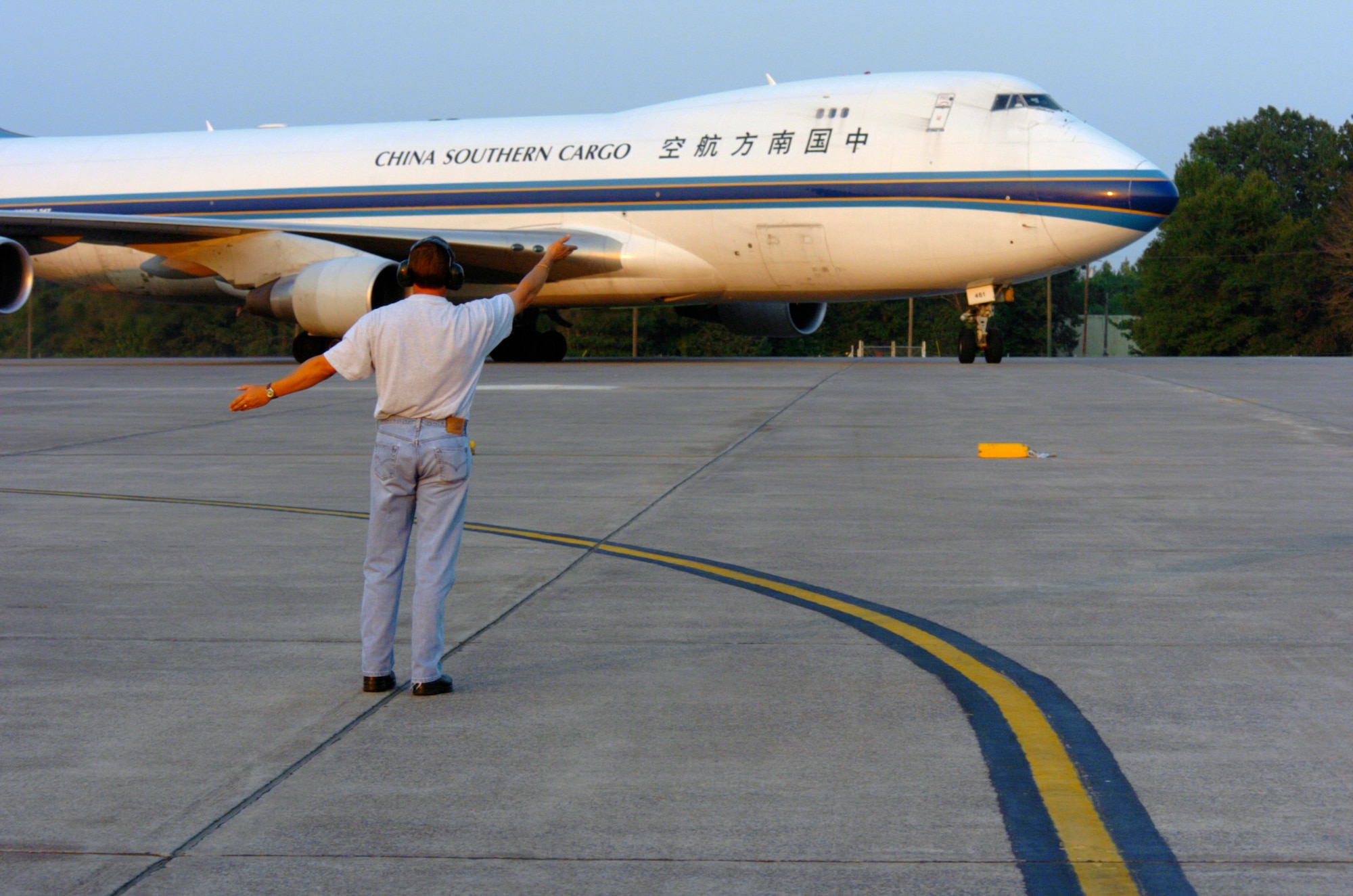 LITTLE ROCK AIR FORCE BASE, Ark. --  An aircraft loaded with humanitarian aid supplies from China arrives here Sept. 7 with 100 tons of hurricane relief supplies. (U.S. Air Force photo by Tech. Sgt. Christopher Steffen)