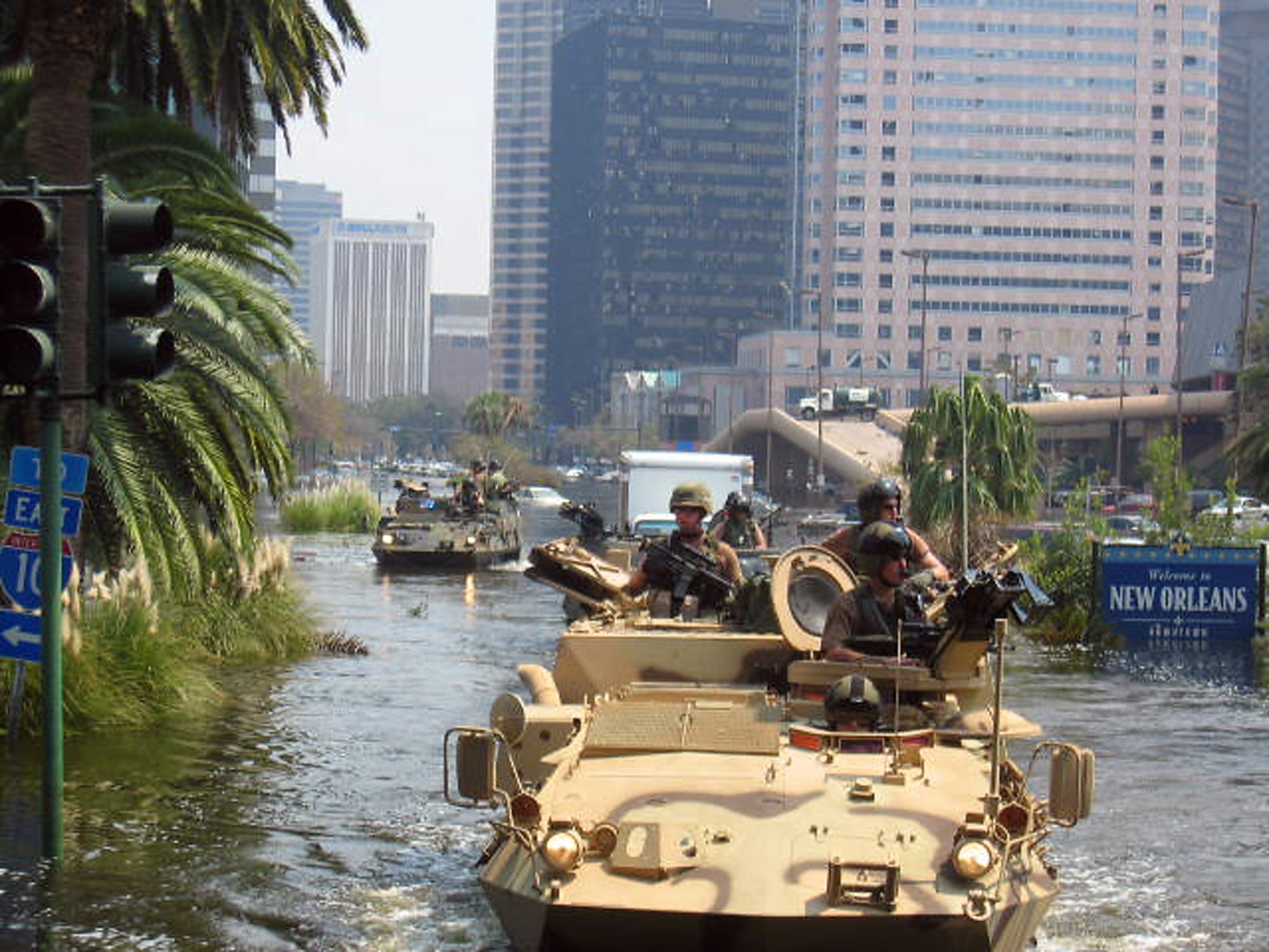 NEW ORLEANS -- Counterdrug National Guardsmen navigate through the flooded city of New Orleans in Light Armored Vehicles searching for survivors stranded in their homes in the aftermath of Hurricane Katrina. (Courtesy photo)