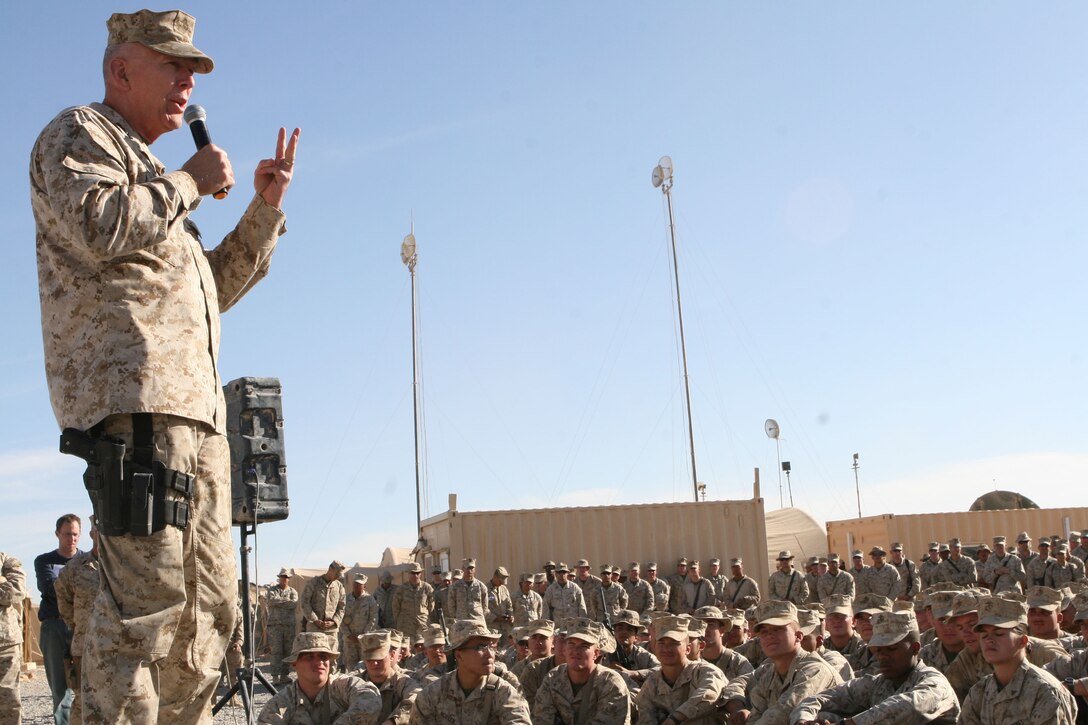 Gen. James T. Conway, commandant of the Marine Corps, talks to his Marines Nov. 26 about the future of the Marine Corps and the mission at hand in Helmand province, Afghanistan. Conway expressed his confidence in Marines getting the job done. When referring to operations in Afghanistan, “the sky’s the limit,”Conway conveyed in his Defense Department press briefing Dec. 15, even within an 18-month timeframe.