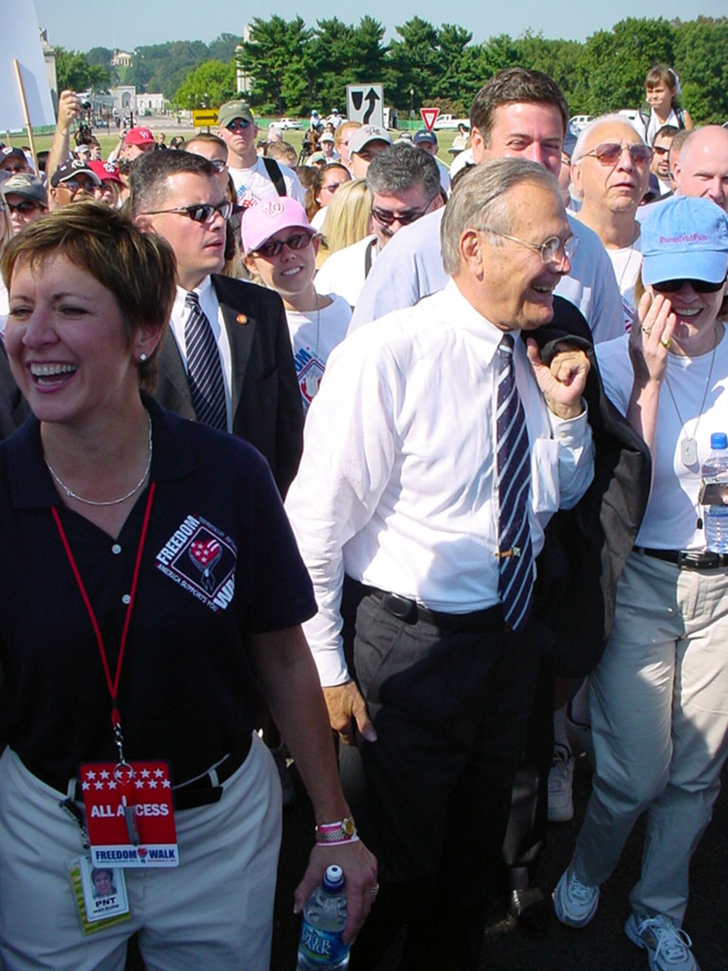 WASHINGTON - Secretary of Defense Donald H. Rumsfeld was among thousands of people who participated in the first "America Supports You Freedom Walk" on Sept. 11.  The two-mile walk began at the Pentagon and ended at the National Mall.  (U.S. Air Force photo by Master Sgt. David Byron)