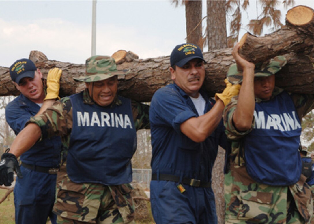 U.S. Navy sailors from the amphibious assault ship USS Bataan (LHD 5) and Mexican Marines carry a log as they remove Hurricane Katrina debris at the D'iberville Elementary School in D'iberville, Miss., on Sept. 9, 2005. Once the debris has been cleared the school will be used to provide food and medicine for evacuees. Department of Defense units are mobilized as part of Joint Task Force Katrina to support the Federal Emergency Management Agency's disaster relief efforts in the Gulf Coast areas devastated by Hurricane Katrina. 