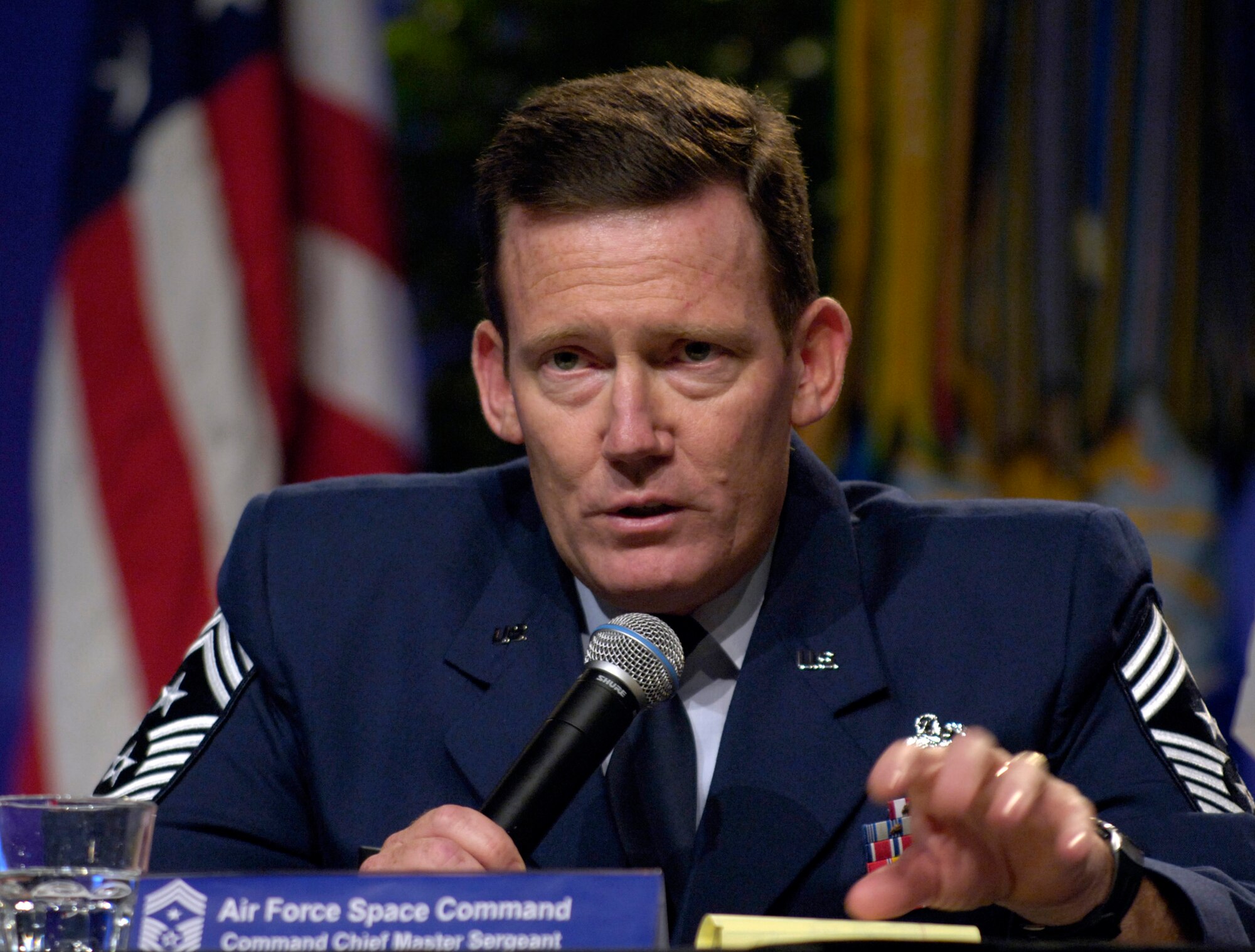 WASHINGTON -- Command Chief Master Sgt. Ron Kriete, of Air Force Space Command, answers a question during a command chiefs' forum during the Air Force Association's 2005 Air and Space Conference and Technology Exposition here Sept. 12.  The panel consisted of command chiefs from across Air Force major commands.  (U.S. Air Force photo by Master Sgt. Jim Varhegyi)