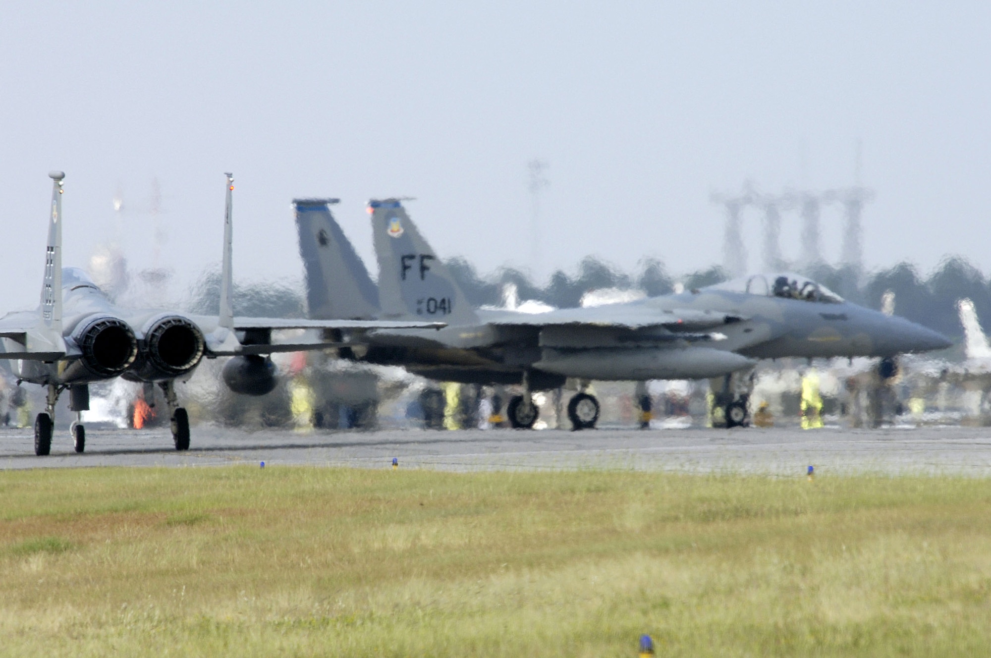 EGLIN AIR FORCE BASE, Fla. -- F-15 Eagles from Langley Air Force Base, Va., arrive here Sept. 13 during an evacuation from Hurricane Ophelia.  (U.S. Air Force photo by Greg Murry)