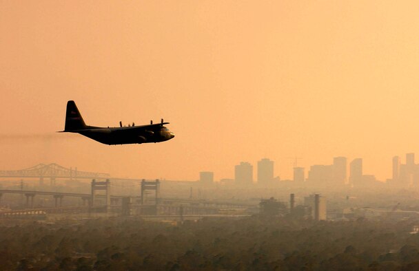 NEW ORLEANS -- A U.S. Air Force Reserve C-130 Hercules from the 910th Airlift Wing at Youngstown Air Reserve Station, Ohio, sprays Dibrom, a pesticide approved by the U.S. Environmental Protection Agency, over the city Sept. 13.  The C-130 crew plans to spray the New Orleans area first, then other affected Gulf Coast areas as required.  Crews will target are primarily mosquitoes and filth flies, which are capable of transmitting diseases such as Malaria, West Nile virus, and various types of Encephalitis.  The C-130 is capable of spraying about 60,000 acres per day.  (U.S. Air Force photo by Staff Sgt. Jacob N. Bailey)