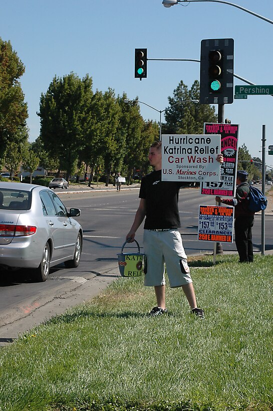 The Marines of RS Sacramento took a few hours away from recruiting to sponsor car washes throughout the RS' area of operation too gather donations in support of hurrican Katrina victims.