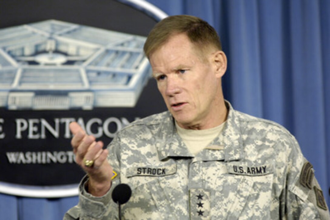 Commander of the U.S. Army Corps of Engineers Lt. Gen. Carl Strock briefs reporters in the Pentagon on the progress of Hurricane Katrina relief projects along the U.S. Gulf Coast on Sept. 15, 2005. Strock stated that the Corps is involved in multiple, simultaneous, projects ranging from ice distribution to levee reconstruction. The Corps is pumping the floodwaters out of the City of New Orleans and is beginning to award contracts for the enormous task of debris removal along the entire affected coastal area. Strock reported that all the Gulf Coast ports are operational, though some have not yet been able to resume nighttime operations. 
