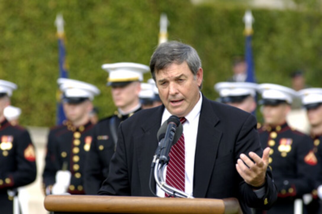 Rep. Duncan Hunter, of California, chairman of the House Armed Services Committee and a Vietnam veteran, delivers the keynote address during the National POW/MIA Recognition Day ceremony at the Pentagon on Sept. 16, 2005. Acting Deputy Secretary of Defense Gordon England and Chairman of the Joint Chiefs of Staff Gen. Richard B. Myers, U.S. Air Force, hosted the ceremony. The ceremony was attended by many veterans of earlier wars and by representatives of all the nation's veteran service organizations. 