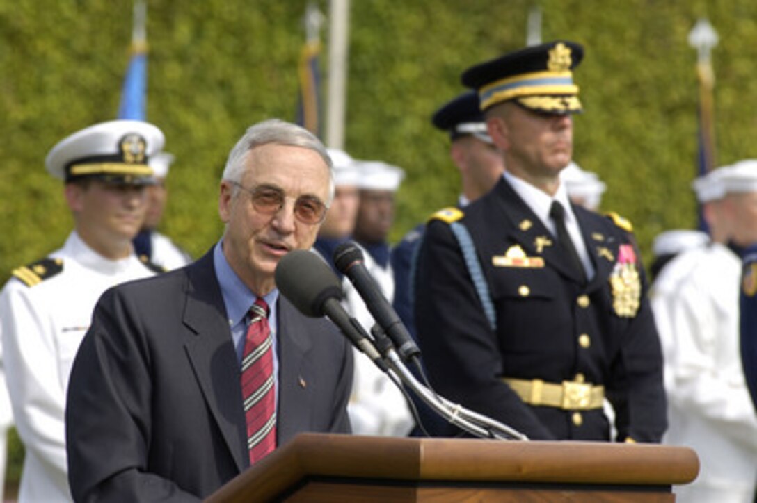 Acting Deputy Secretary of Defense Gordon England addresses the audience during the National POW/MIA Recognition Day ceremony at the Pentagon on Sept. 16, 2005. England reminded Americans of the sacrifices military personnel and their families are sometimes required to make in the service of freedom. The ceremony was attended by many veterans of earlier wars and by representatives of all the nation's veteran service organizations. 