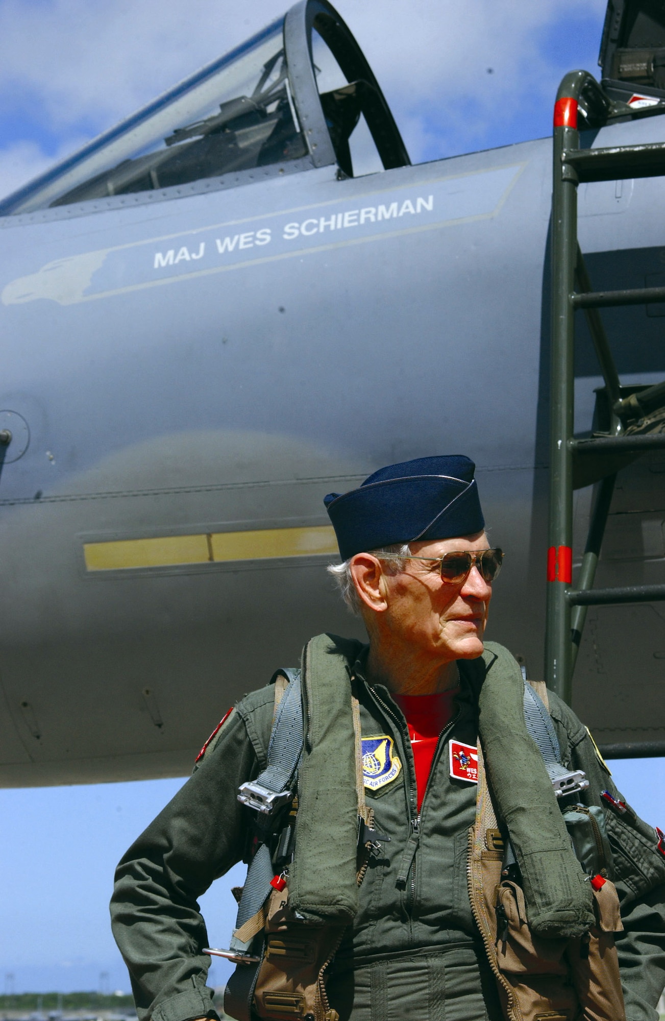 KADENA AIR BASE, Japan -- Retired Maj. Wesley Schierman stands beside an F-15 Eagle after completing his final flight with the 67th Fighter Squadron. (U.S. Air Force photo by Airman 1st Class Stephanie Sinclair)