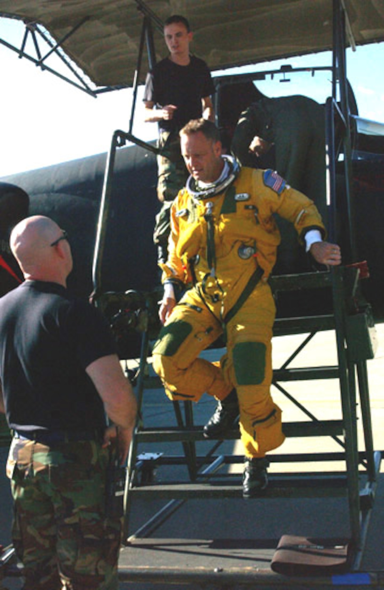 BEALE AIR FORCE BASE, Calif. -- Lt. Col. Bourke Milligan returns from a U-2 mission to take images before Hurricane Rita hit the Gulf Coast region. Federal Emergency Management Agency officials asked the 9th Reconnaissance Wing to take images over Louisiana and Texas to assess before Hurricane Rita hit the area. The wing's Airmen are standing by to conduct additional post-hurricane missions to help assess the damage and assist emergency responders.  Colonel Milligan is a pilot with the 99th Reconnaissance Squadron. (U.S. Air Force photo)
