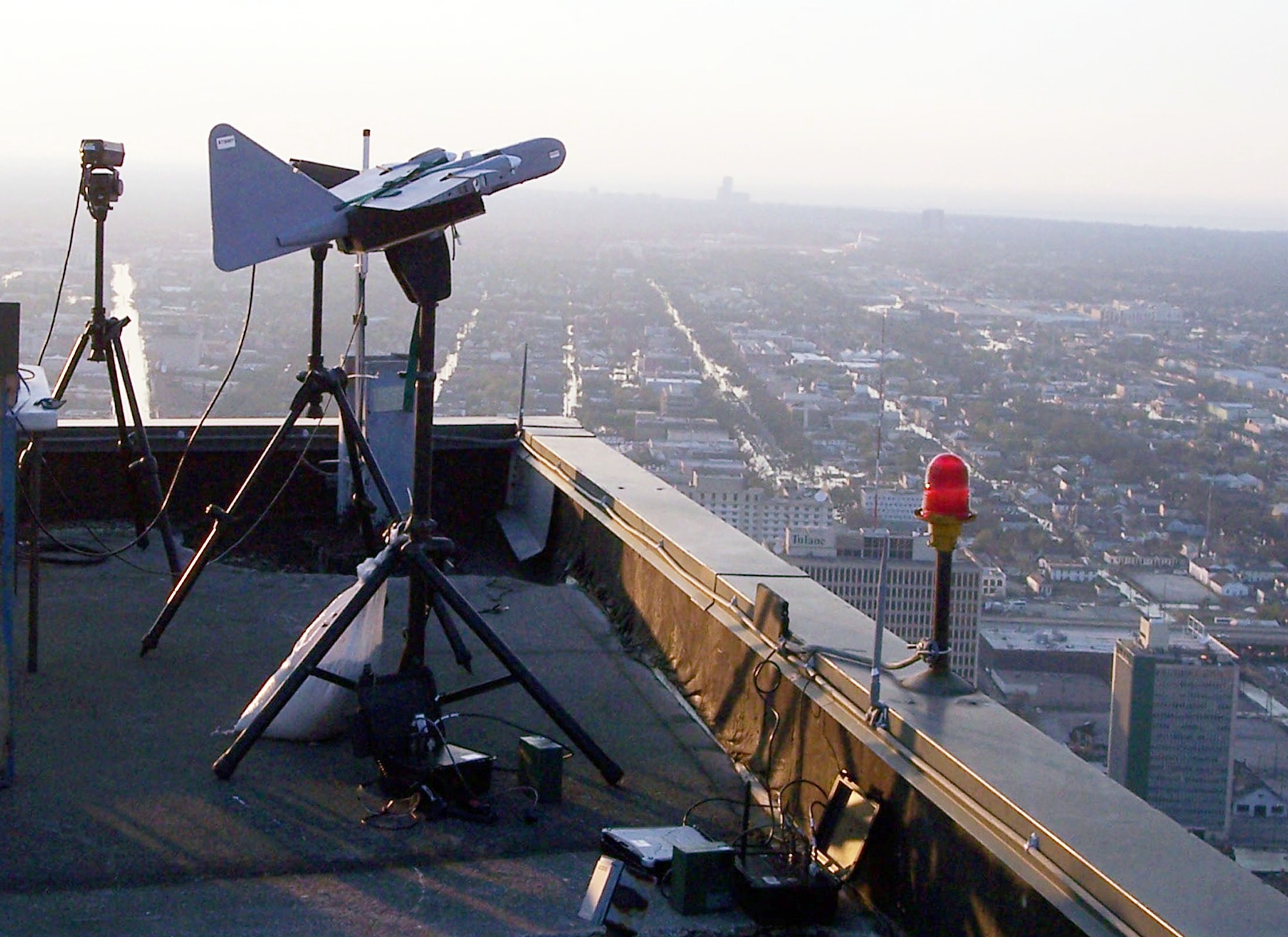 NEW ORLEANS -- An unmanned aerial vehicle, mounted on a pole, uses its remote operations video enhanced receiver, or ROVER, to help find survivors of Hurricane Katrina here and support relief efforts.  (U.S. Air Force photo by Staff Sgt. James Wiger) 