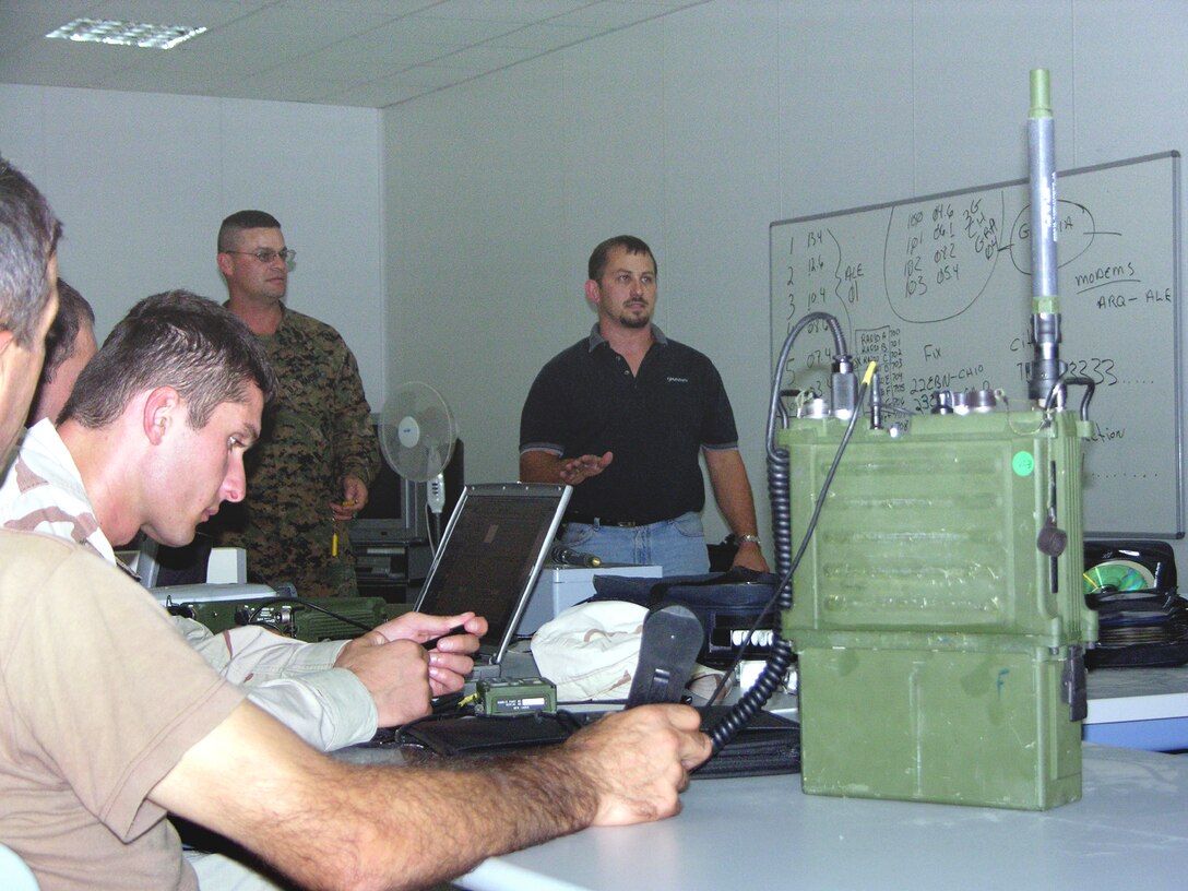 Gunnery Sgt. Nathan J. Guidry (left-standing), 39, the Georgia Sustainment and Stability Operations Program, communication chief and a native of Houma, La., and retired Gunnery Sgt. David J. Moose (right-standing), 39, a Harris Corp. technical trainer and native of Bath, N.Y., train 16 Republic of Georgia soldiers to be communications trainers Aug. 29- Dec. 9, at Krtsanisi, Republic of Georgia. The GSSOP trained 22nd Light Infantry Battalion troops for part of the dedicated force called for in U.N. Security Council Resolution 1546 to protect U.N. forces serving in Iraq.
