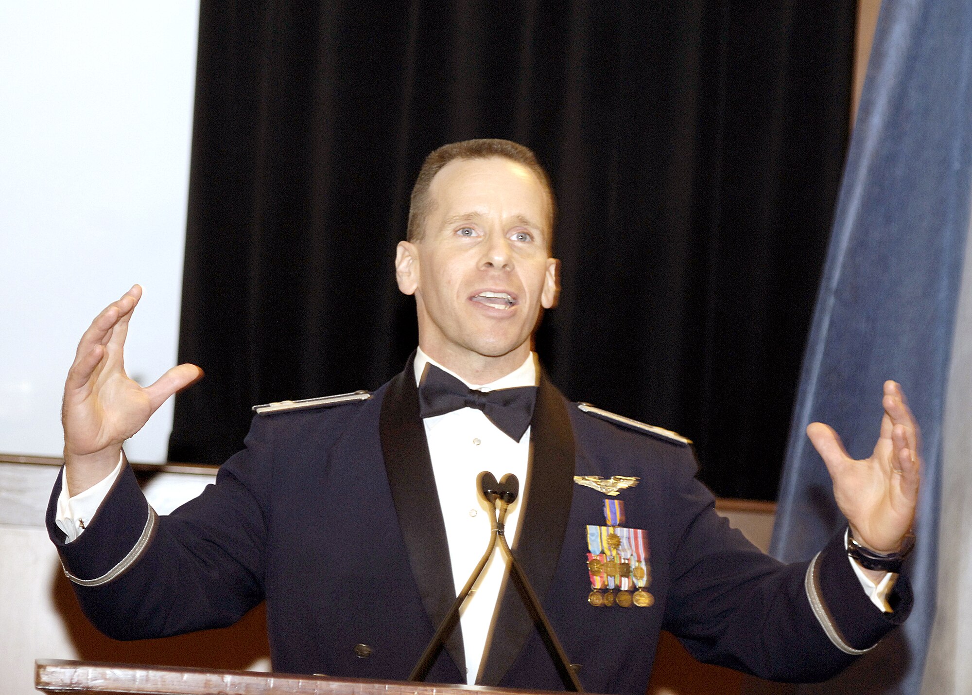 BOSTON -- Capt. Paul Maykish speaks from the podium here after receiving his award as one of the 10 Outstanding Young Americans for 2005. (Courtesy photo by Frank Monkiewicz)