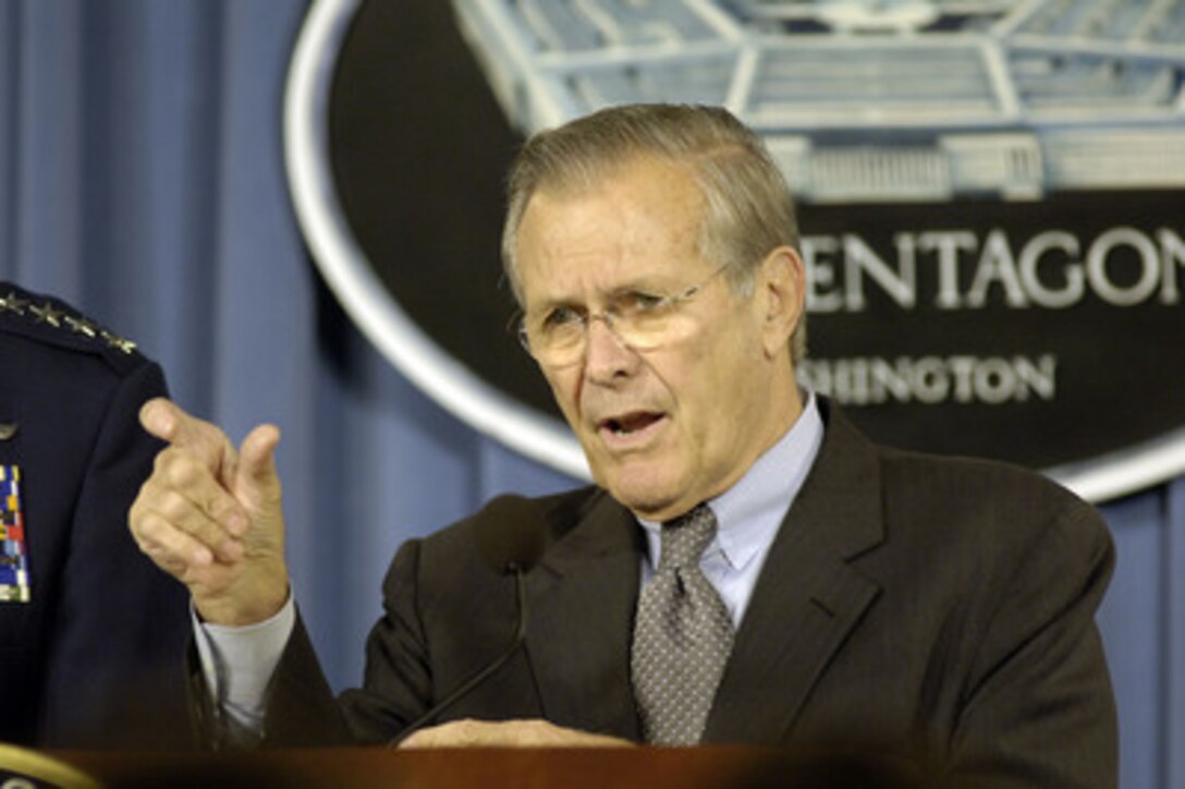 Secretary of Defense Donald H. Rumsfeld talks about the role of the military in disaster response efforts during a Pentagon press briefing on Sept. 27, 2005. Rumsfeld joined Chairman of the Joint Chiefs of Staff Gen. Richard B. Myers, U.S. Air Force, to respond to questions from reporters. 