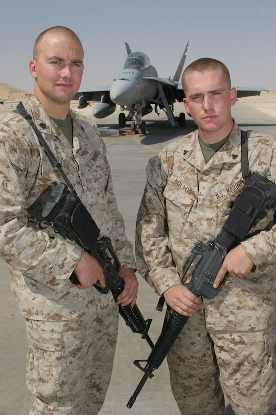 Sergeant Nick Hollon, a quality assurance representative for the Moonlighters of Marine All-Weather Fighter Attack Squadron 332, and his brother, Cpl. Chris Hollon, a powerplants mechanic for the Moonlighters, have made a seven-month deployment to Iraq a true family affair. Nick enlisted in the Marine Corps on Aug. 22, 2000, and was assigned to the Moonlighters as his first Fleet Marine Force unit, after completing recruit training and military occupational specialty school. Chris joined on Aug. 26, 2002, and also received orders to the Marine Corps Air Station Beaufort, S.C.-based squadron.