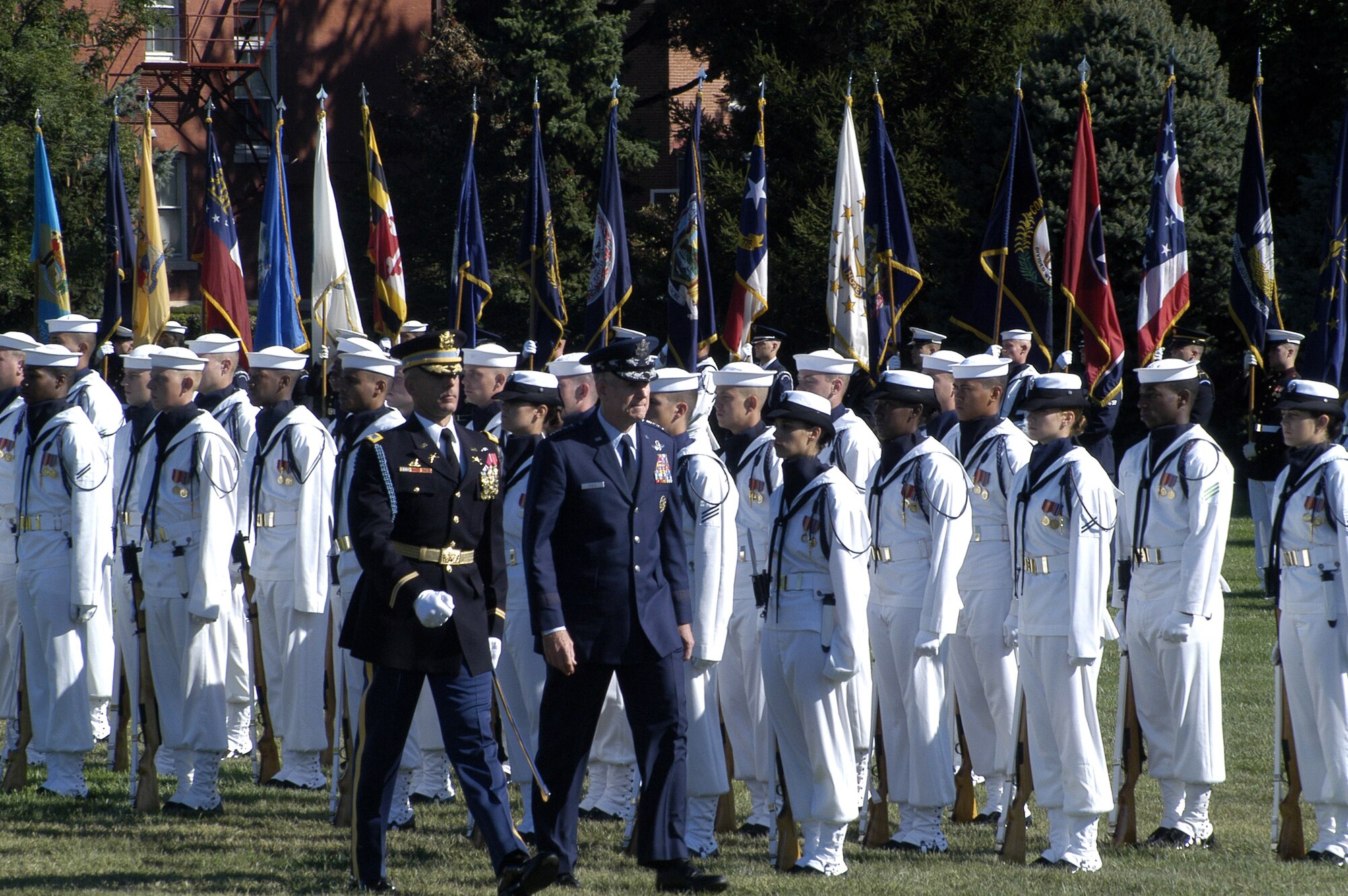 FORT MYER, Va. -- Gen. Richard B. Myers inspects the troops at the Armed Forces Farewell Tribute to him here Sept 30.  General Myers retired after 40 years of service as the 15th chairman of the Joint Chiefs of Staff.  (DOD photo by Salli Sobsey)