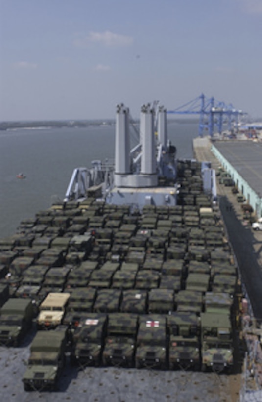 U.S. Army HUMMV's from the 82nd Airborne Division, Ft. Bragg, N.C., are loaded onto the Large, Medium-speed Roll-on/Roll-off Ship USNS Pililaau (T-AKR 304) docked at New Orleans, La., on Sept. 28, 2005. Department of Defense units are mobilized as part of Joint Task Force Rita to support the Federal Emergency Management Agency's disaster-relief efforts in the Gulf Coast areas devastated by Hurricane Rita. 