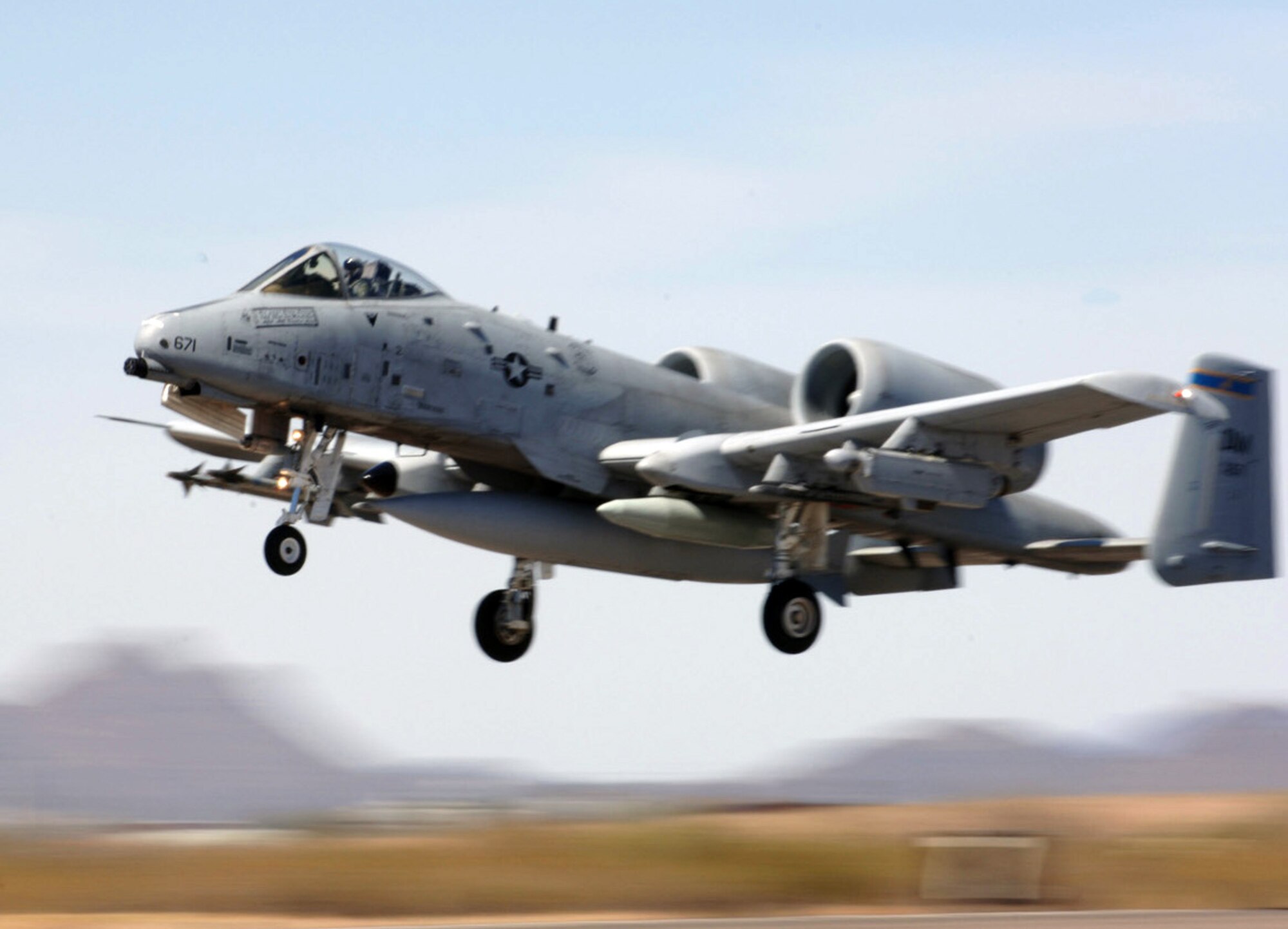 An A-10 Thunderbolt II takes flight as part of a simulated deployment on Saturday, April 1, 2006, at Davis-Monthan Air Force Base, Ariz. (U.S. Air Force photo/Staff Sgt. Lanie McNeal)
 

