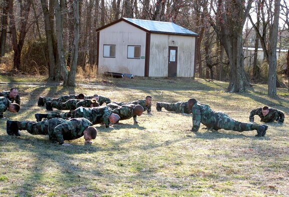 Students in Air Force Phoenix Raven Class 06-D do push-ups on Monday, March 27, 2006, at Fort Dix, N.J.  The students include Air Force security forces and U.S. Navy masters at arms personnel; they receive training in combat first aid, tactical self defense and aircraft security and undergo extensive physical training.  The course is taught by the Air Mobility Warfare Center's 421st Combat Training Squadron. (U.S. Air Force photo/Tech. Sgt. Scott T. Sturkol)

