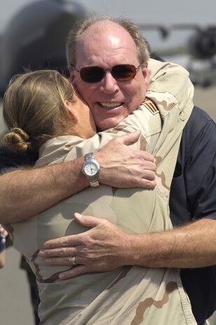 Senior Airman Kally White hugs her father, Doug White, on Monday, April 3, 2006, after returning to Charleston Air Force Base, S.C., from a six-month deployment to Camp Bucca, Iraq. Airman White is with the 437th Security Forces Squadron. (U.S. Air Force photo/Airman 1st Class Nicholas Pilch)